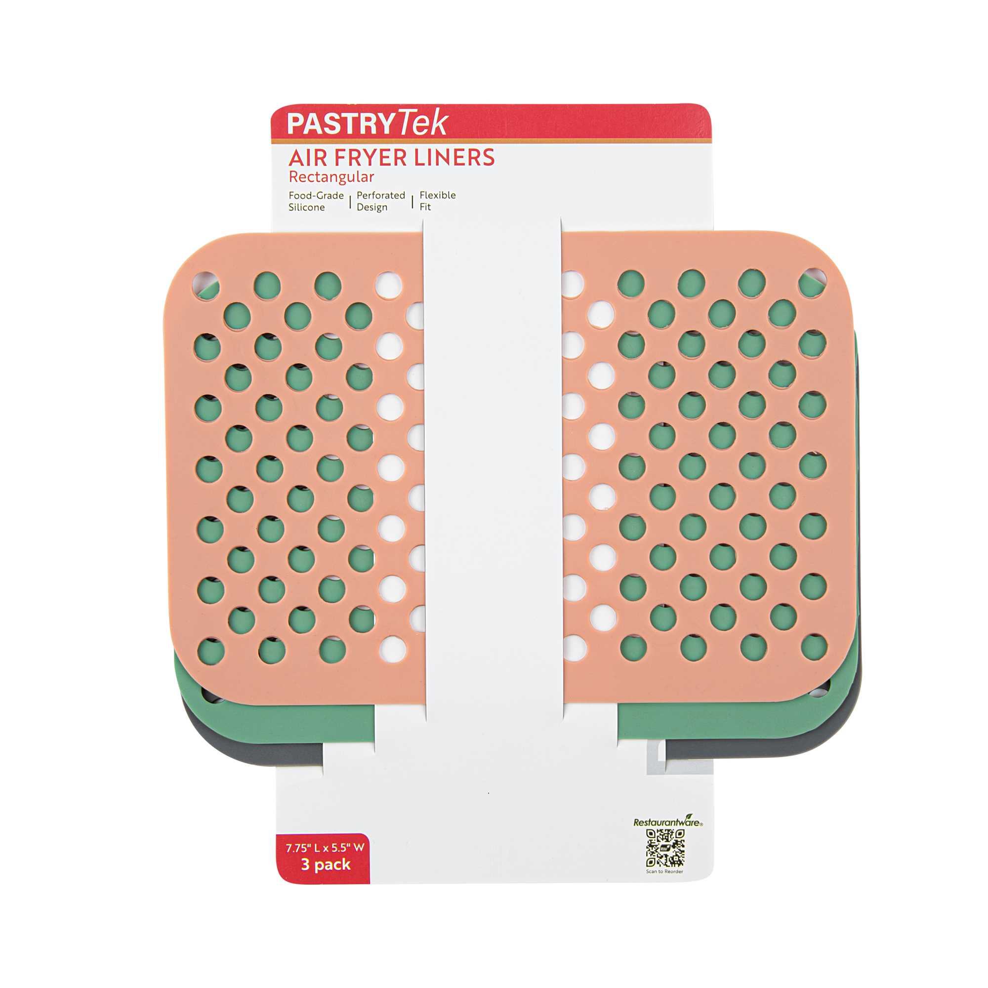 Pastry Tek Rectangle 3-Piece Assorted Reusable Silicone Air Fryer Liner Set - Non-Stick,Dual Basket,3 to 5qt - 7 3/4" x 5 1/2" - 1 count box
