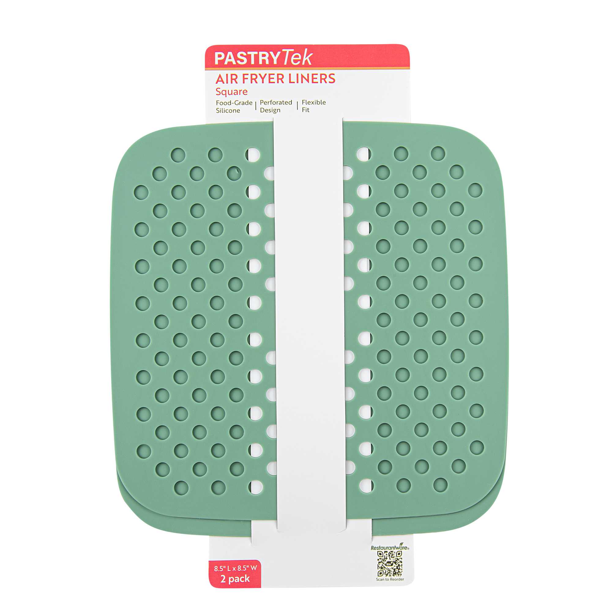 Pastry Tek Square Green Reusable Silicone Air Fryer Liner - Non-Stick, For 5 qt or Bigger - 8 1/2" - 2 count box