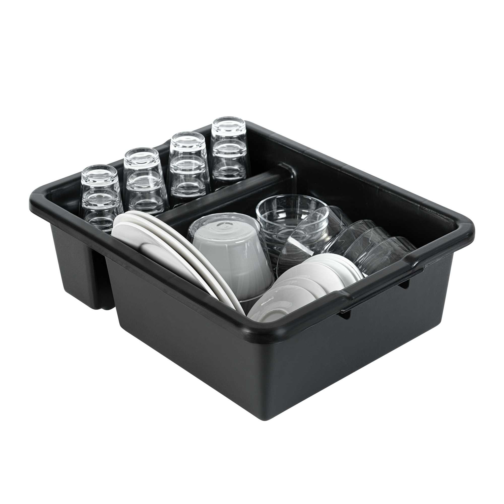 RW Clean Black Polypropylene Bus Tub / Bus Box - Divided, Deep, Easy Grip - 21 1/4" x 16 3/4" x 7" - 1 count box