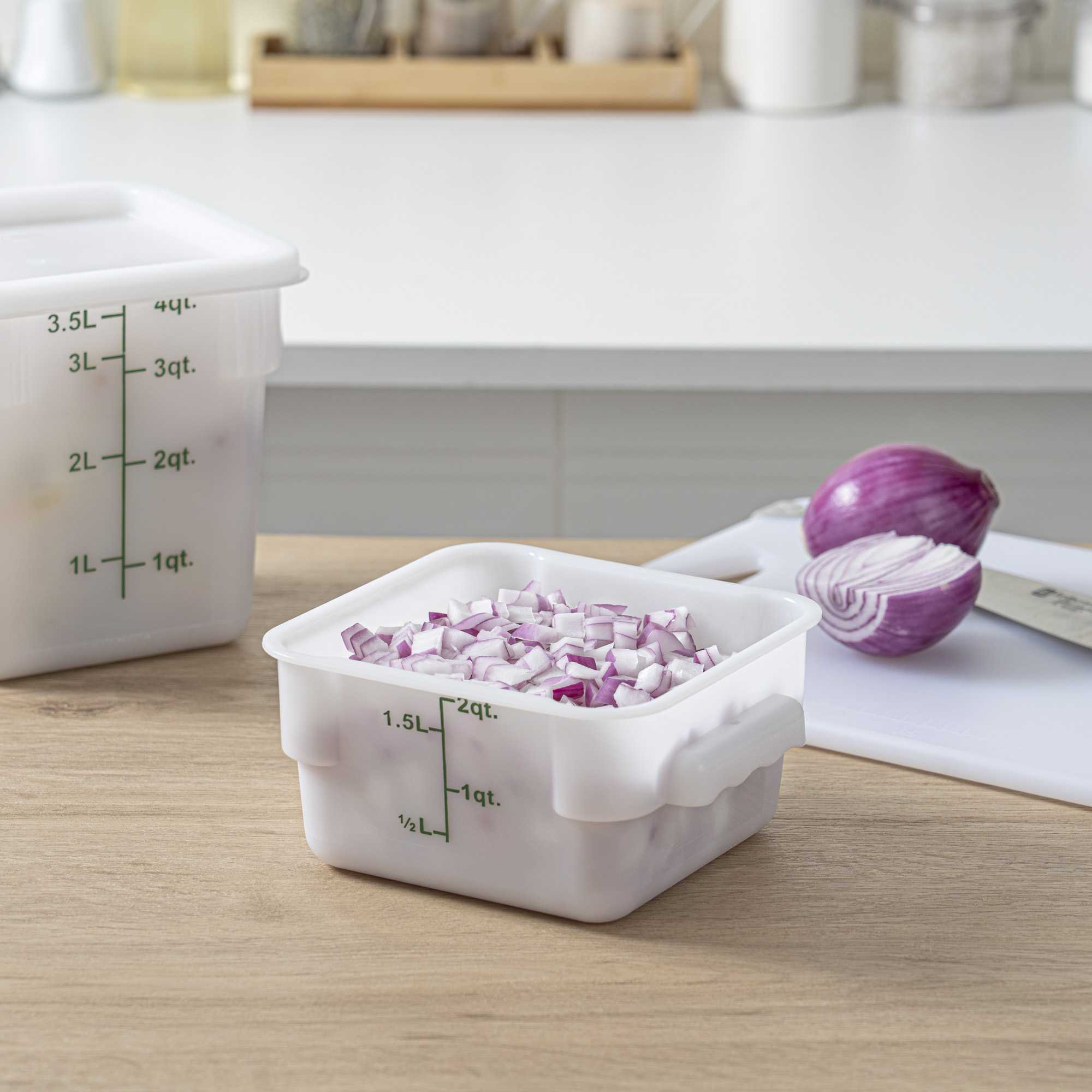 Met Lux 2 qt Square White Polyethylene Food Storage Container - with Green Volume Markers - 7" x 7" x 4" - 1 count box