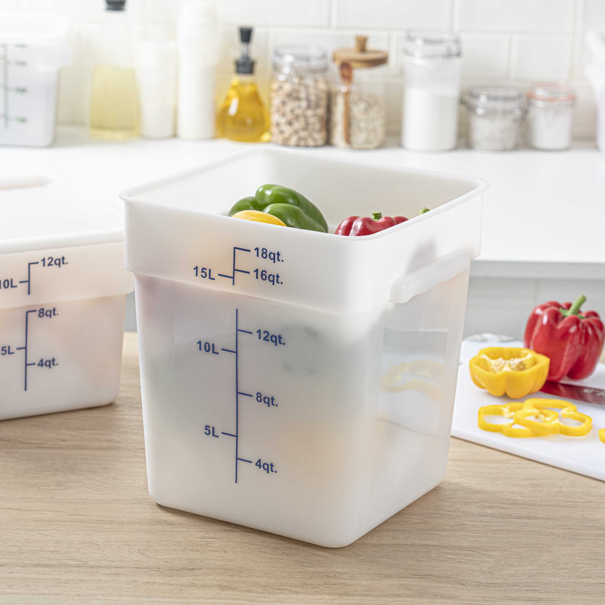 Met Lux 18 qt Square White Polyethylene Food Storage Container - with Blue Volume Markers - 11" x 11" x 12 1/2" - 1 count box