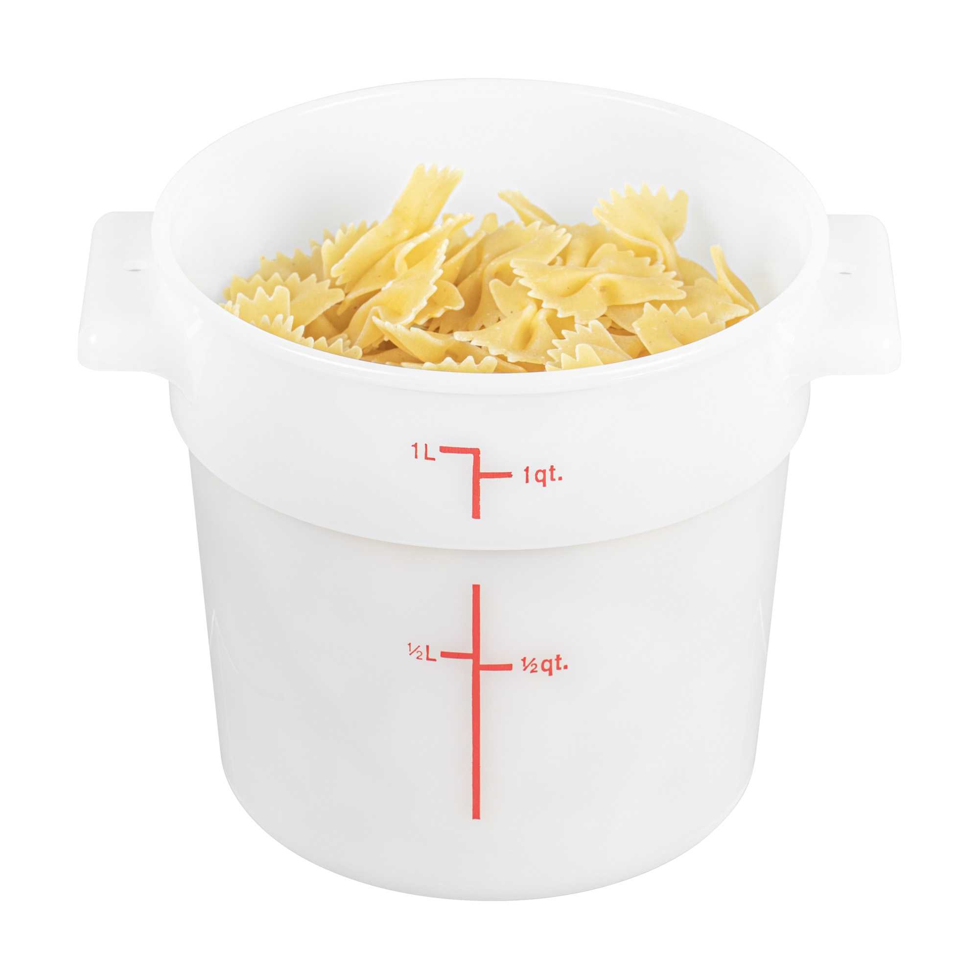 Met Lux 1 qt Round White Polyethylene Food Storage Container - with Red Volume Markers - 5 1/4" x 5" - 1 count box