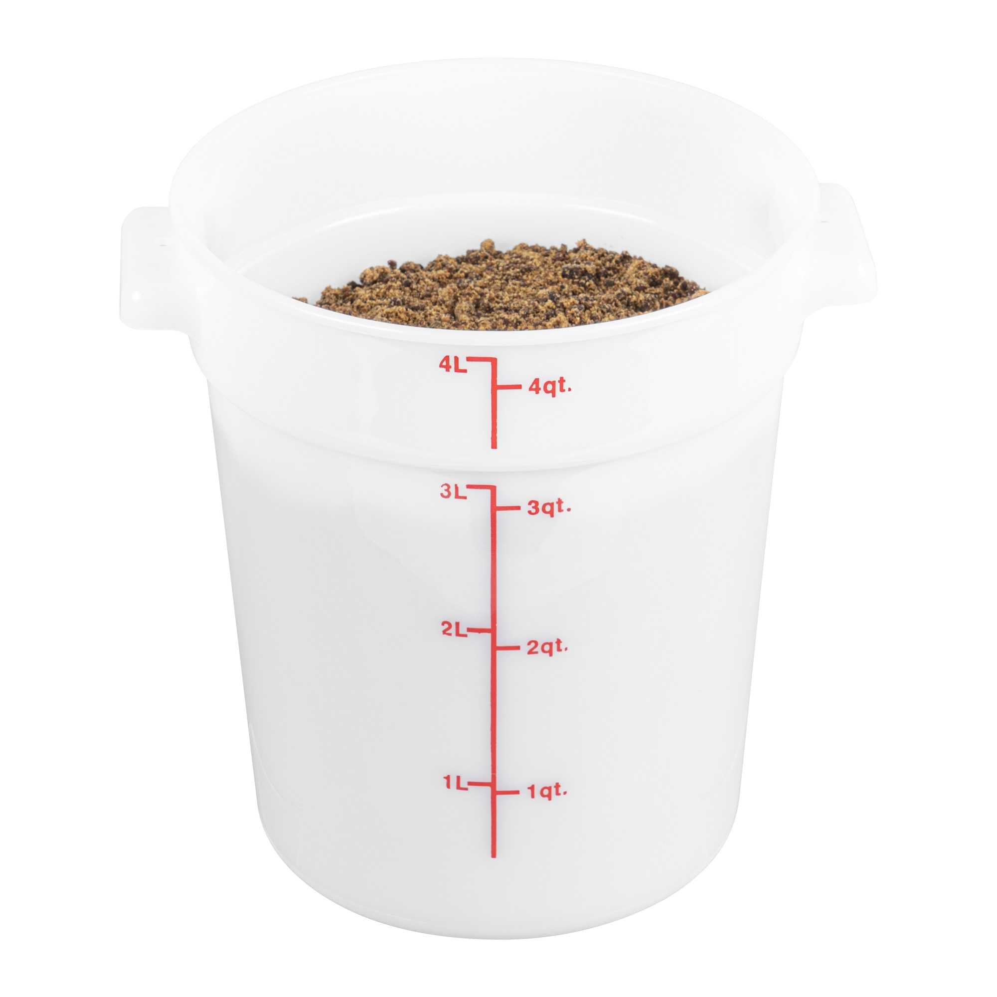Met Lux 4 qt Round White Polyethylene Food Storage Container - with Red Volume Markers - 7 1/4" x 8 1/2" - 1 count box
