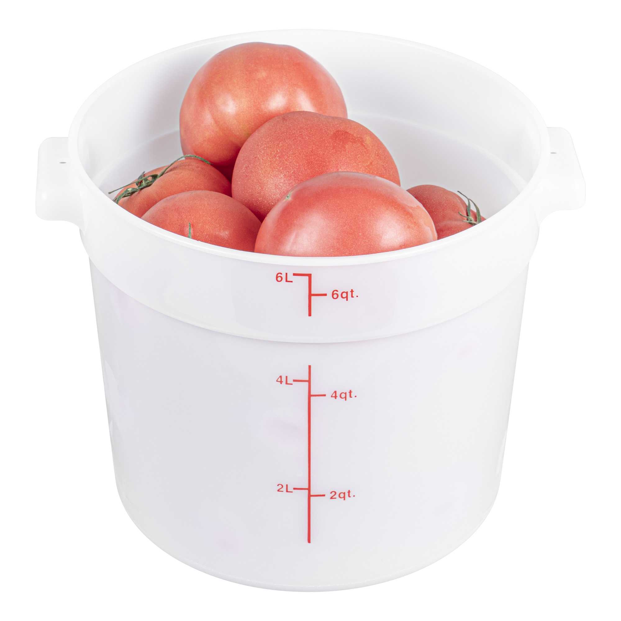 Met Lux 6 qt Round White Polyethylene Food Storage Container - with Red Volume Markers - 8 3/4" x 7 3/4" - 1 count box