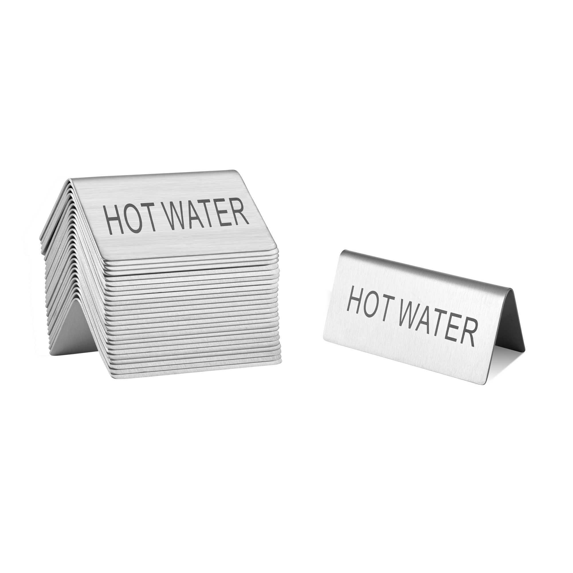 Met Lux Double-Sided Stainless Steel "Hot Water" Table Tent Sign - 3" x 1 1/2" - 120 count box