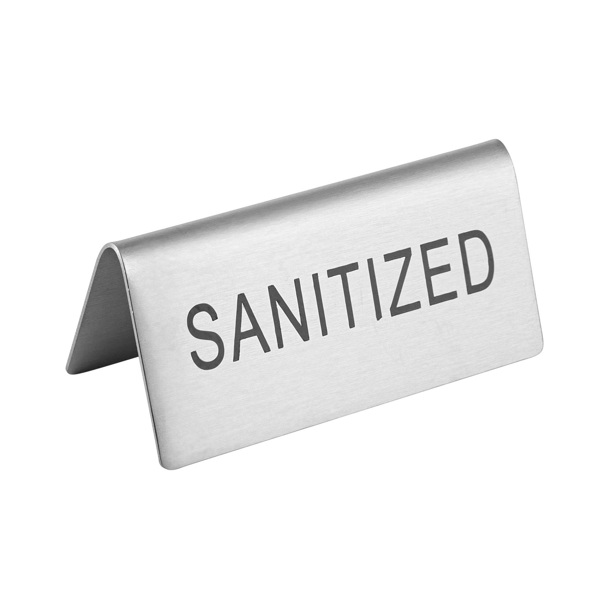 Met Lux Double-Sided Stainless Steel "Sanitized" Table Tent Sign - 3" x 1 1/2" - 120 count box