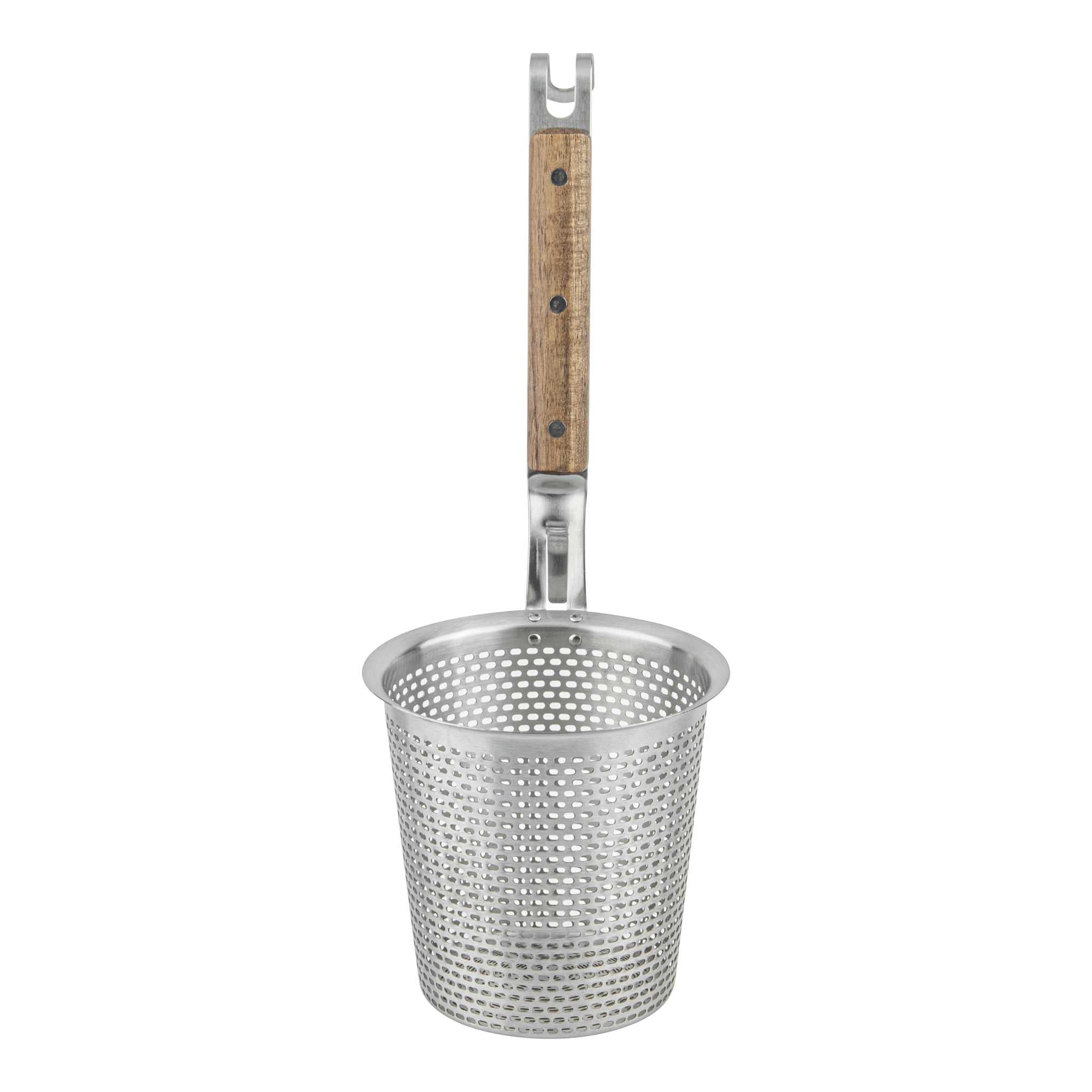 Met Lux Stainless Steel Noodle Strainer / Blanching Basket - with Wooden Handle - 5 1/2" x 5 1/2" x 15 1/2" - 1 count box