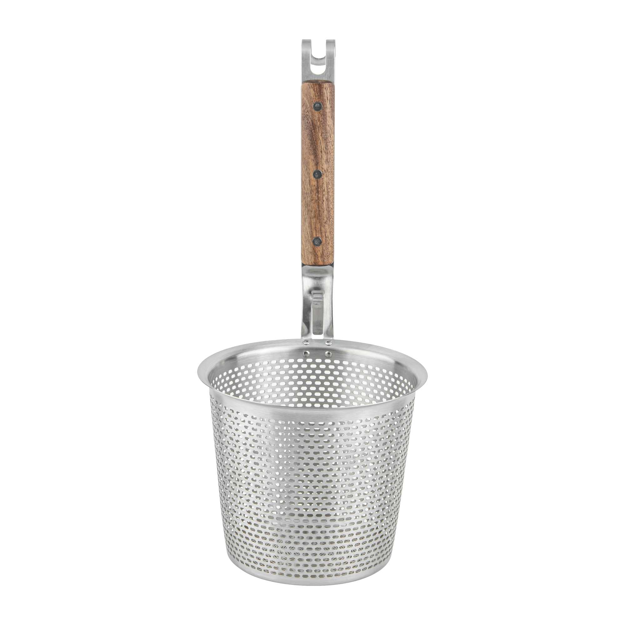 Met Lux Stainless Steel Noodle Strainer / Blanching Basket - with Wooden Handle - 6 1/4" x 5 1/2" x 14 1/2" - 60 count box