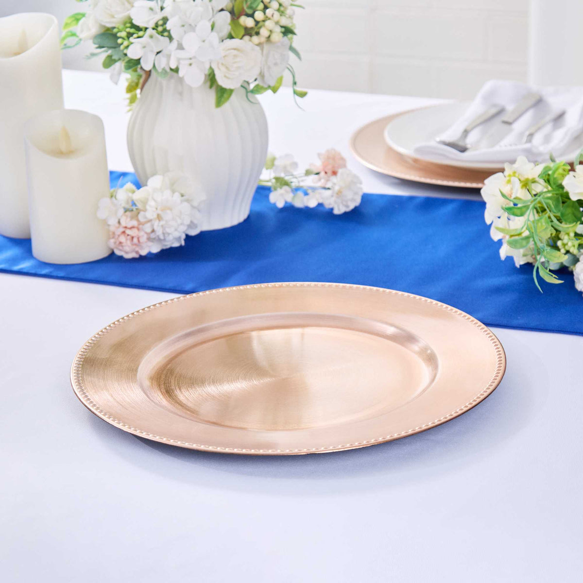 Met Lux Round Rose Gold Beaded Rim Plastic Charger Plate - 13" - 6 count box
