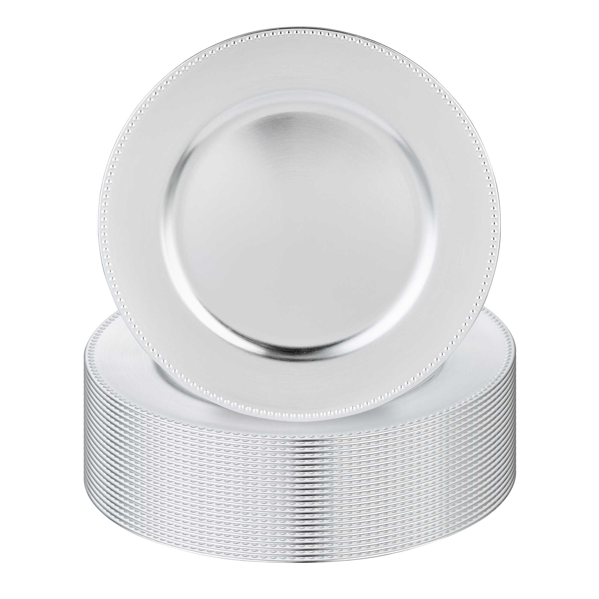 Met Lux Round Silver Beaded Rim Plastic Charger Plate - 13" - 24 count box