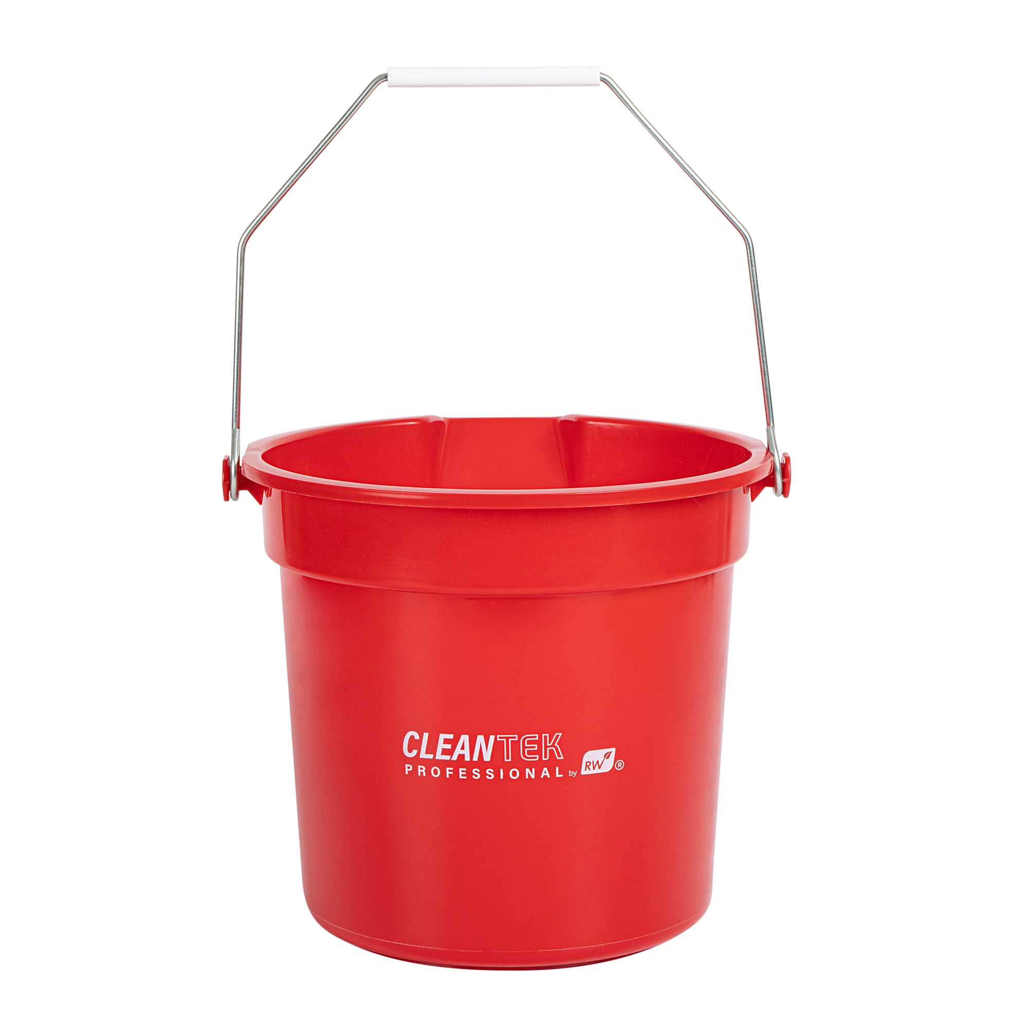 Clean Tek Professional 14 Qt Round Red Plastic Bucket - with Iron Handle and Pour Spout - 9 3/4" x 9 3/4" x 11" - 10 count box
