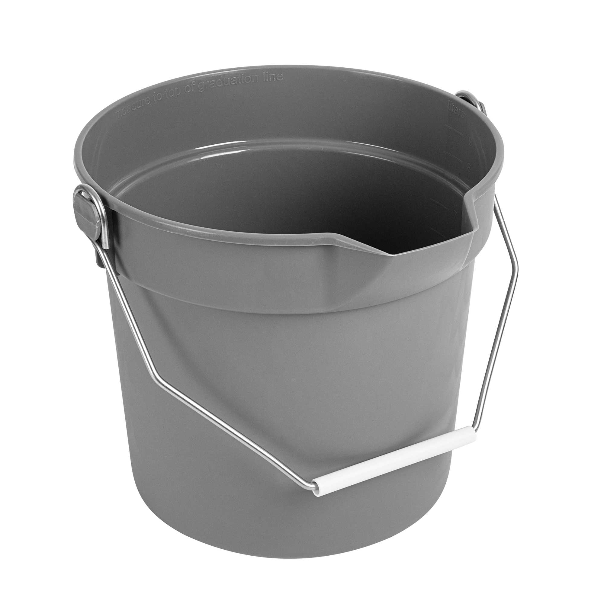 Clean Tek Professional 10 Qt Round Gray Plastic Bucket - with Iron Handle and Pour Spout - 8 3/4" x 8 3/4" x 10" - 1 count box