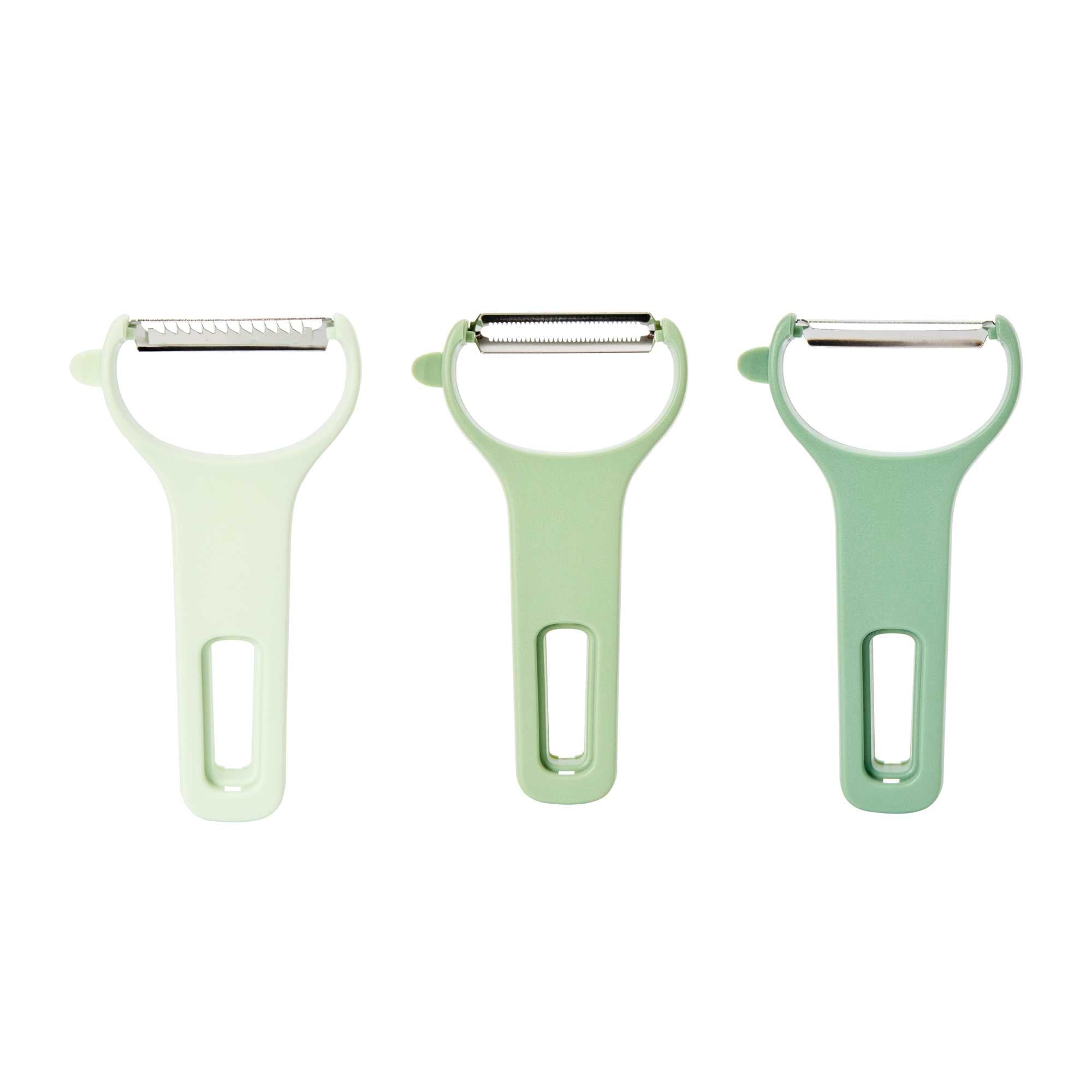Comfy Grip 3-Piece Assorted Plastic Y Vegetable Peeler Set - Straight,Serrated,Julienne Stainless Steel Blade - 5" × 2 3/4" - 72 count box