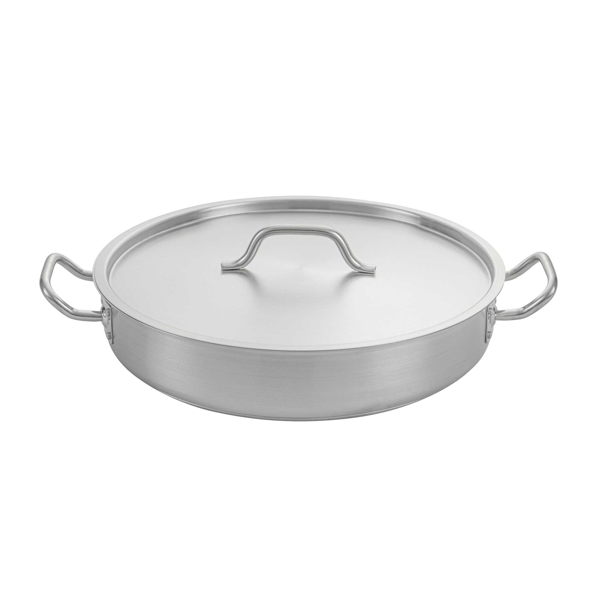 German Standard 10 qt Stainless Steel Brazier - with Aluminum-Clad Bottom and Cover - 15 3/4" x 15 3/4" x 3 1/4" - 1 count box