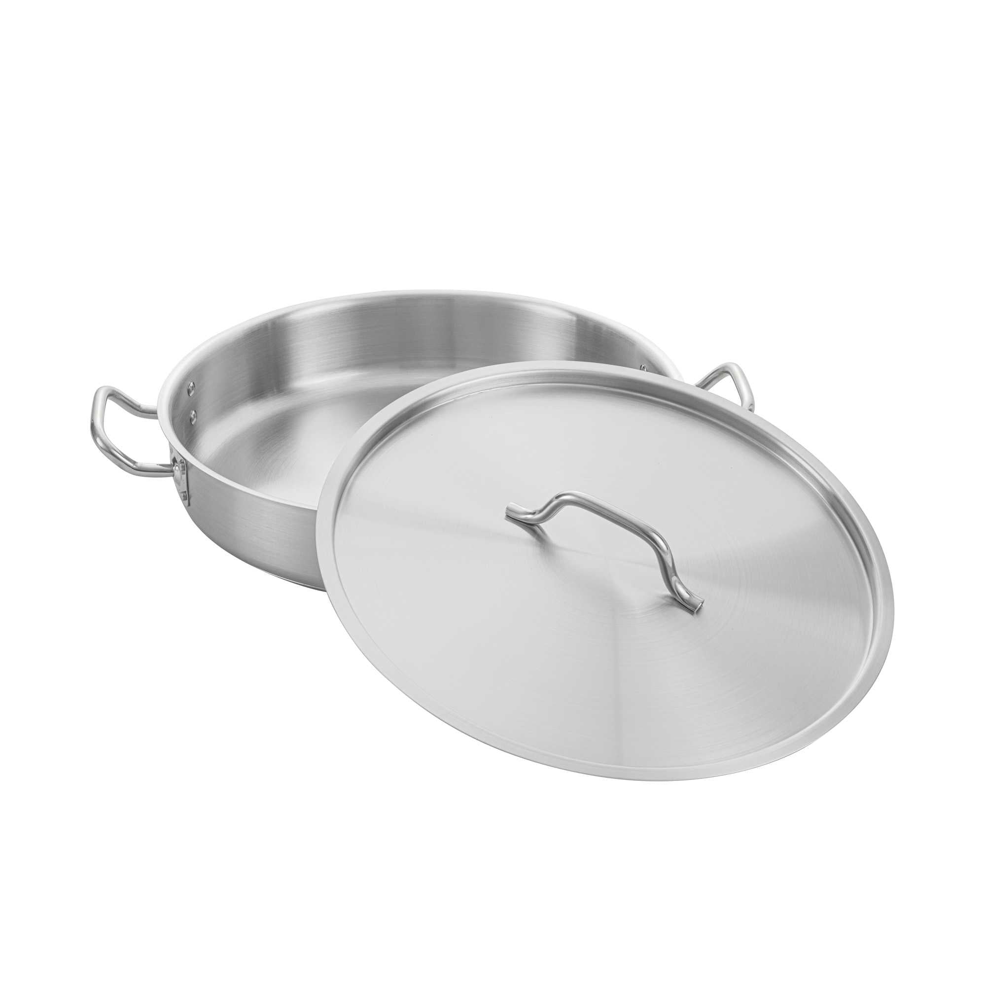 German Standard 10 qt Stainless Steel Brazier - with Aluminum-Clad Bottom and Cover - 15 3/4" x 15 3/4" x 3 1/4" - 4 count box