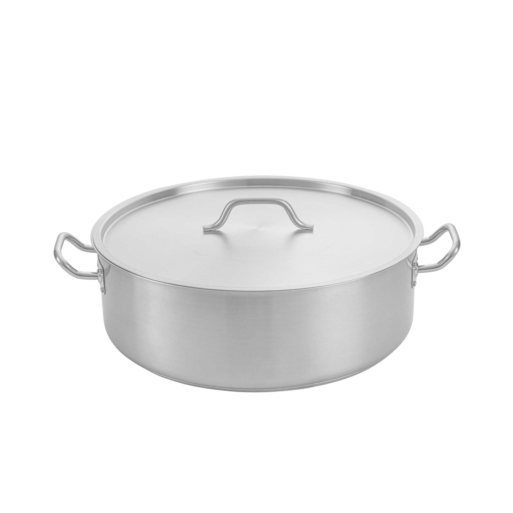 German Standard 25 qt Stainless Steel Brazier - with Aluminum-Clad Bottom and Cover - 17 3/4" x 17 3/4" x 6" - 2 count box