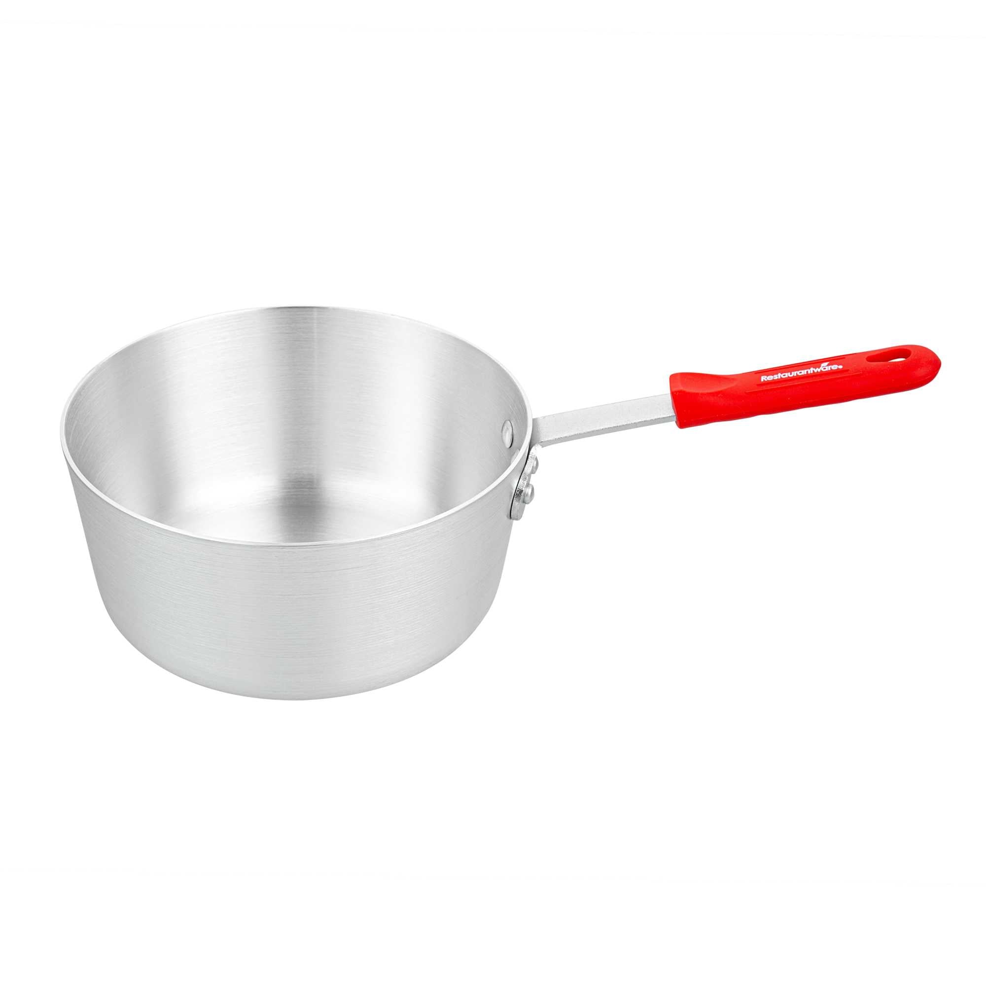 Met Lux 2.75 qt Tapered Aluminum Sauce Pan - with Red Silicone Handle Sleeve - 15" × 8 1/4" × 5 1/2" - 12 count box