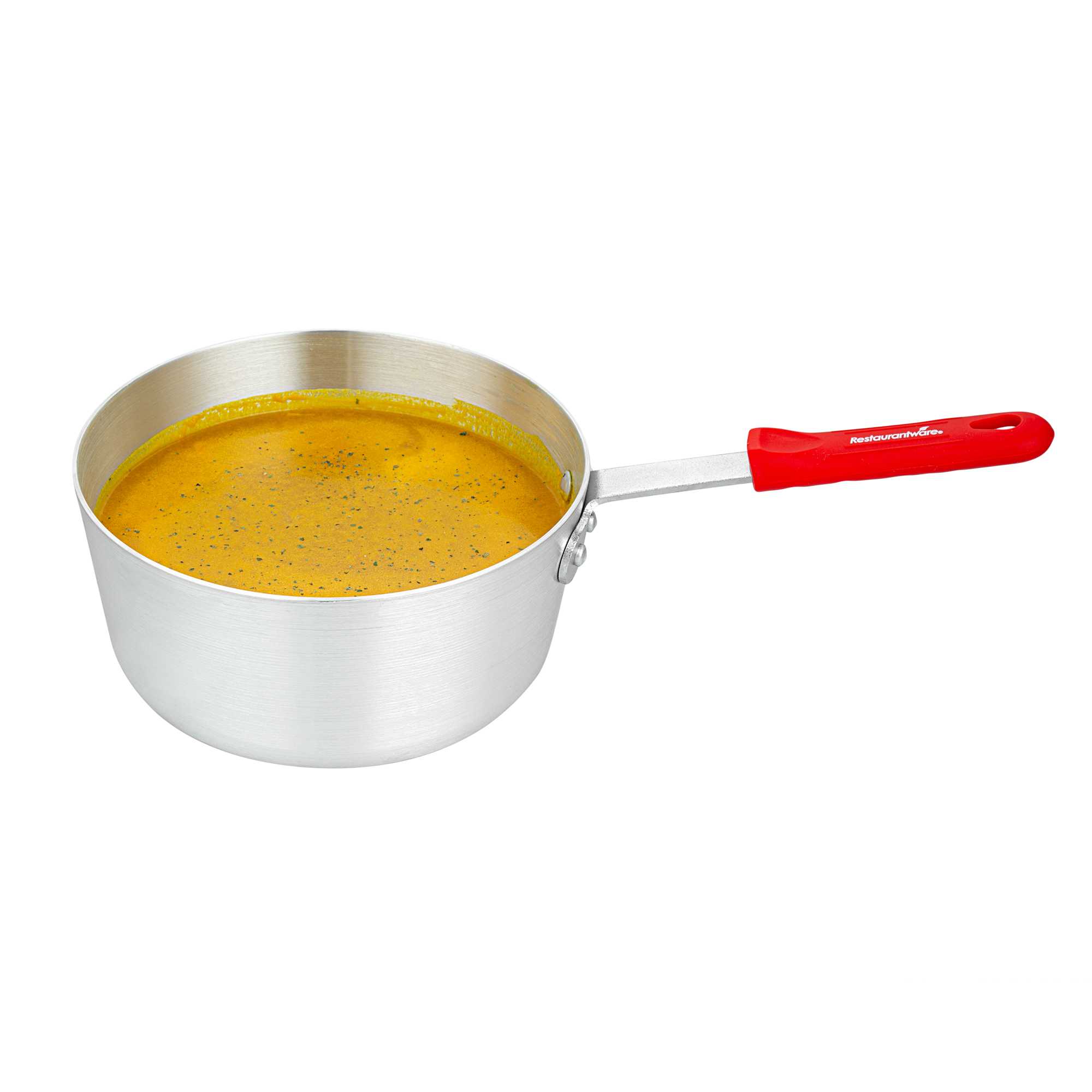 Met Lux 2.75 qt Tapered Aluminum Sauce Pan - with Red Silicone Handle Sleeve - 15" × 8 1/4" × 5 1/2" - 12 count box