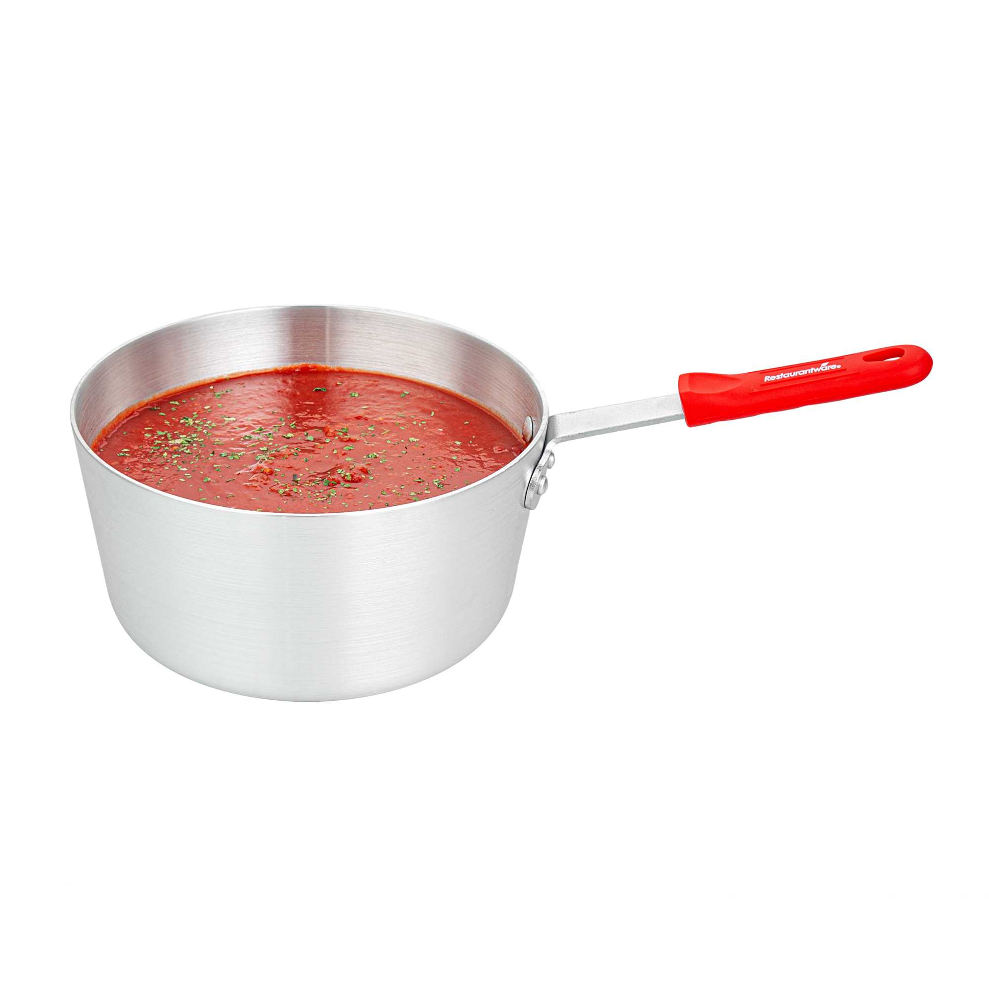 Met Lux 3.75 qt Tapered Aluminum Sauce Pan - with Red Silicone Handle Sleeve - 15 3/4" × 8 3/4" × 6" - 12 count box