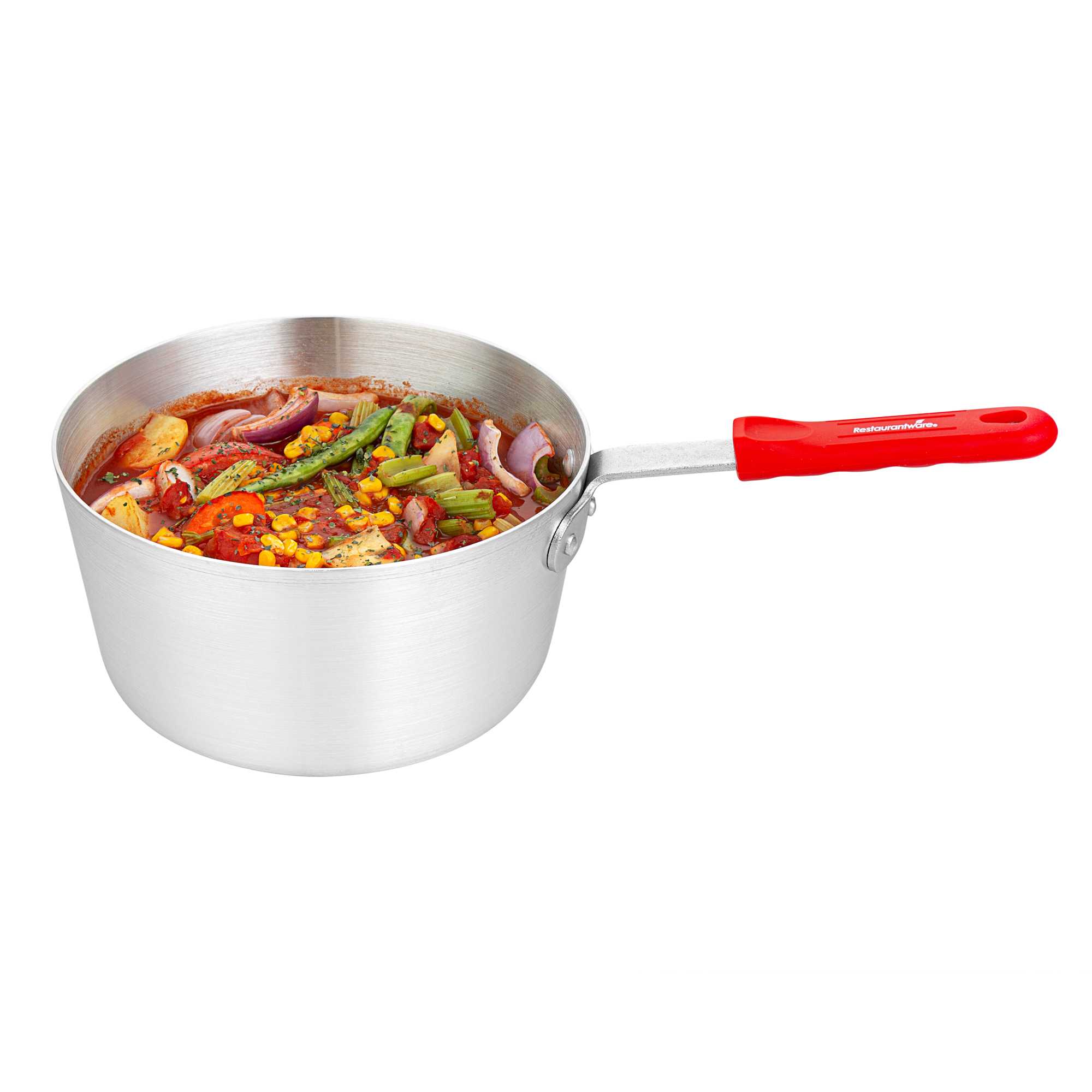 Met Lux 4.5 qt Tapered Aluminum Sauce Pan - with Red Silicone Handle Sleeve - 16 3/4" × 9" × 5 1/2" - 12 count box