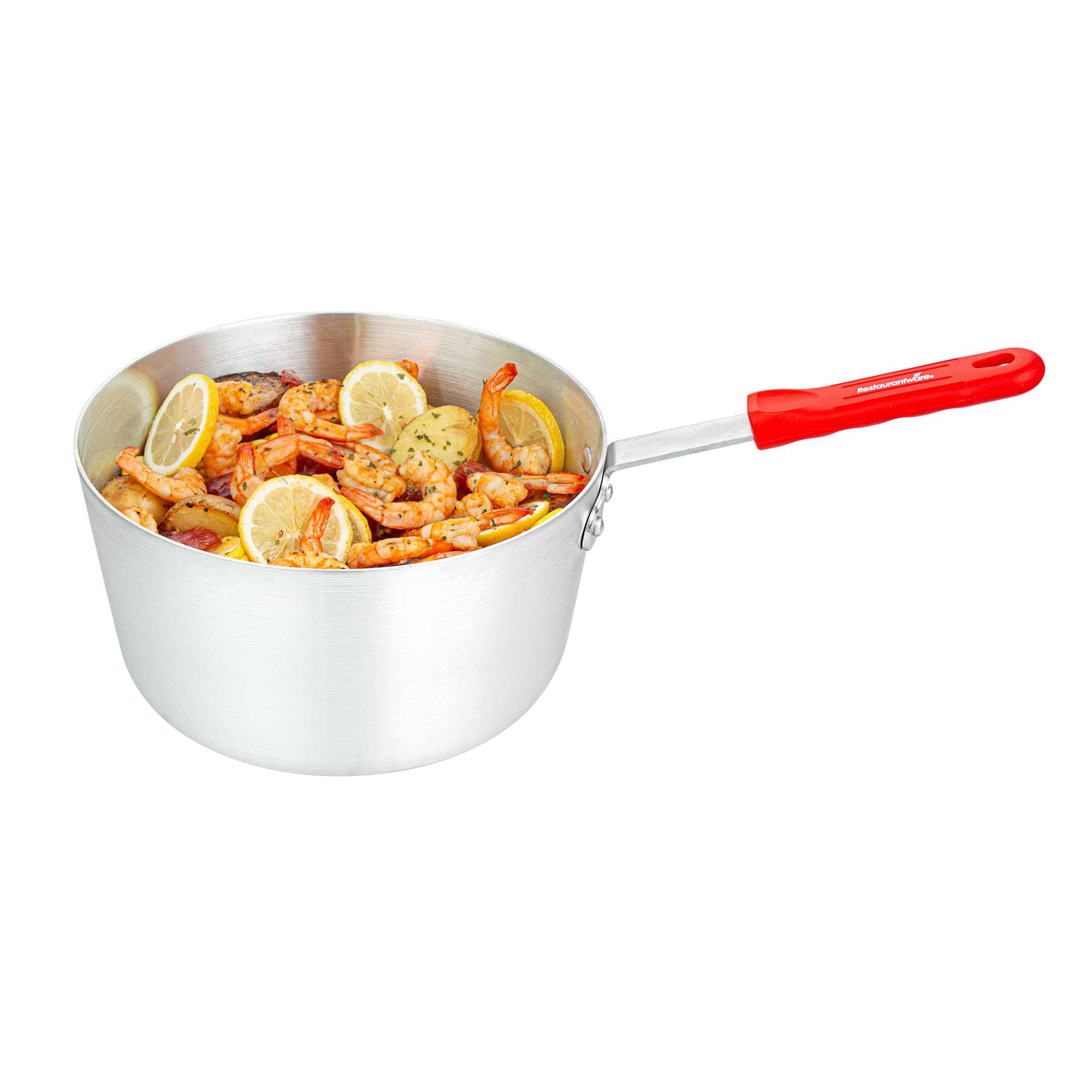 Met Lux 5.5 qt Tapered Aluminum Sauce Pan - with Red Silicone Handle Sleeve - 18" × 10" × 7 1/2" - 6 count box