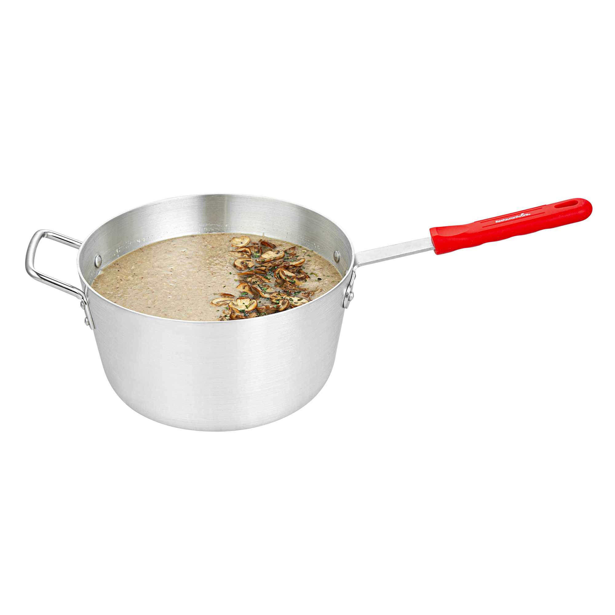 Met Lux 7 qt Tapered Aluminum Sauce Pan - with Red Silicone Handle Sleeve - 22 1/4" × 11" × 7 3/4" - 6 count box