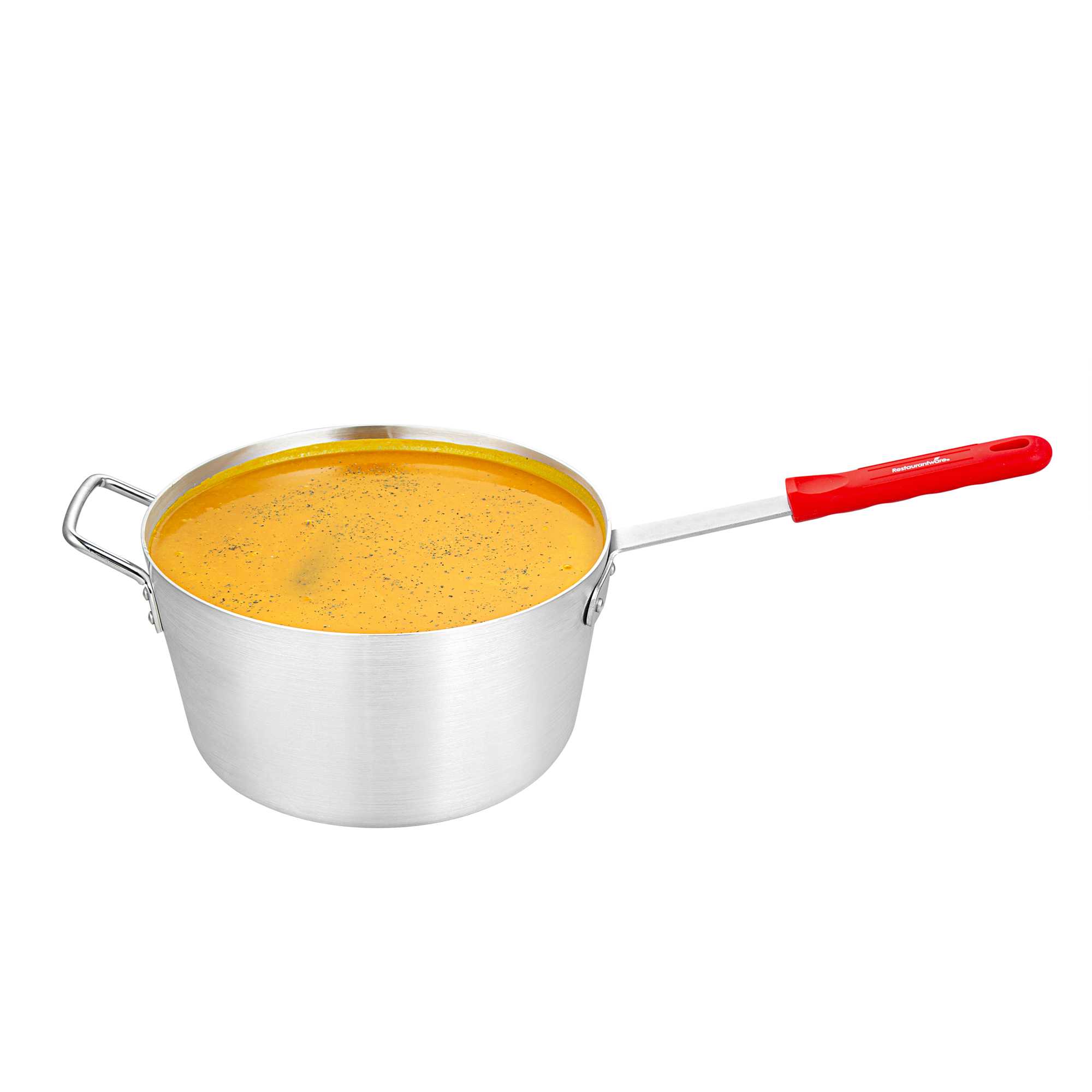 Met Lux 10 qt Tapered Aluminum Sauce Pan - with Red Silicone Handle Sleeve - 24 1/2" × 12" × 9" - 6 count box