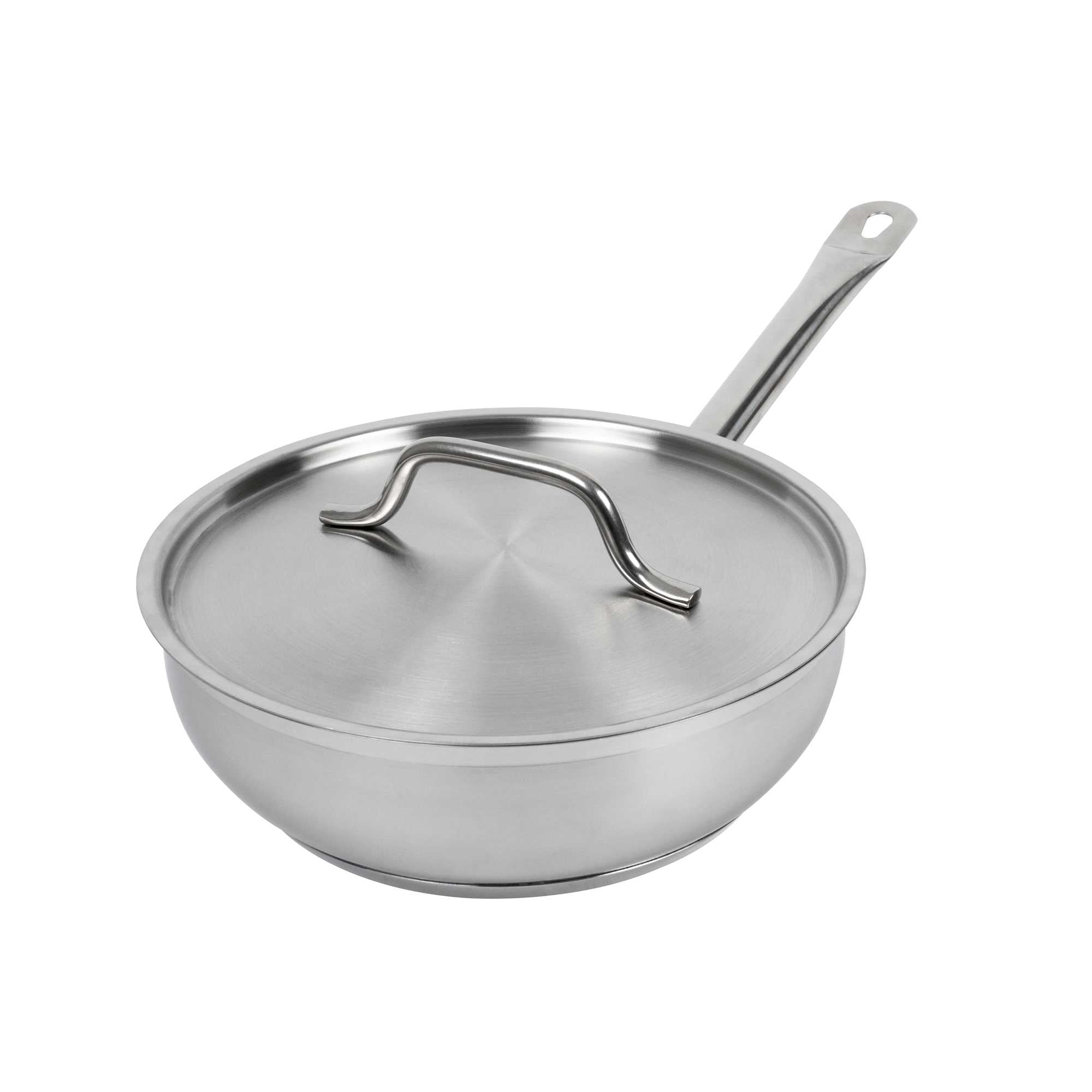 German Standard 3 qt Stainless Steel Saucier Pan - with Lid, Aluminum-Clad Bottom, Welded Hollow Handle - 6 count box