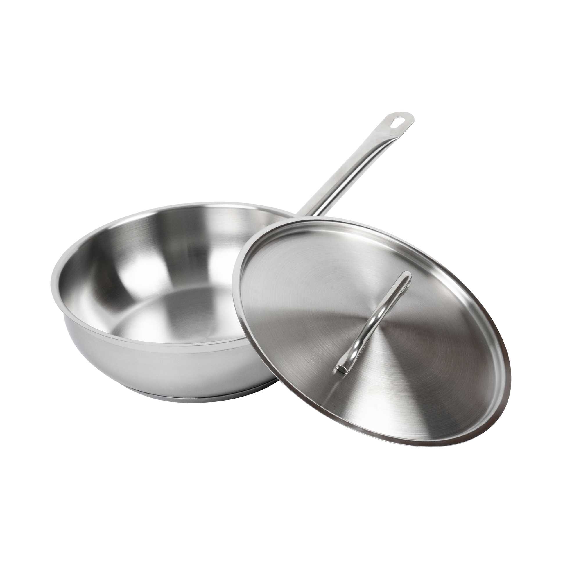 German Standard 3 qt Stainless Steel Saucier Pan - with Lid, Aluminum-Clad Bottom, Welded Hollow Handle - 6 count box