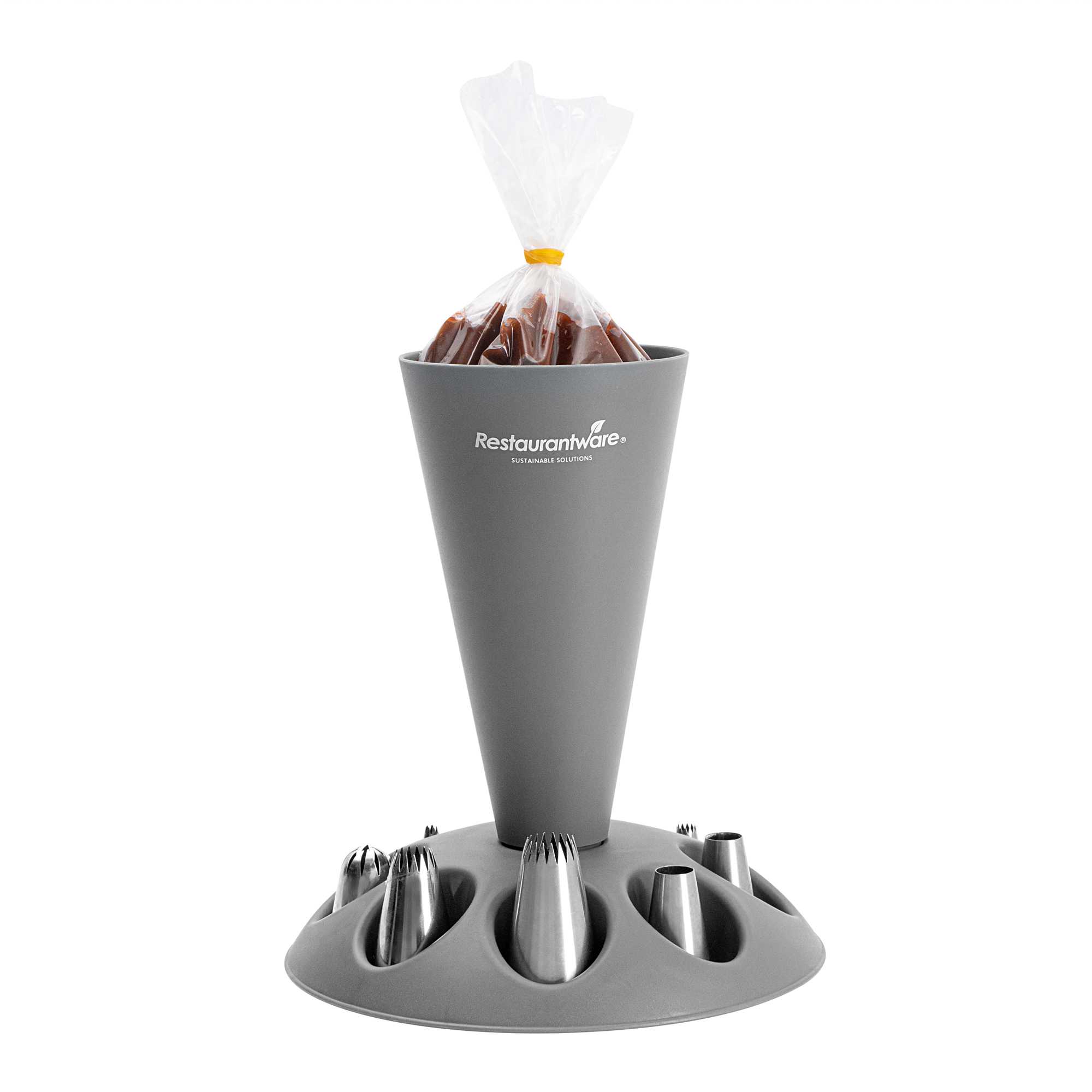 Pastry Tek Gray Plastic Pastry Piping Bag Stand - with 8 Piping Tip Holders - 7 1/2'' x 1 1/2'' x 8 1/2'' - 48 count box