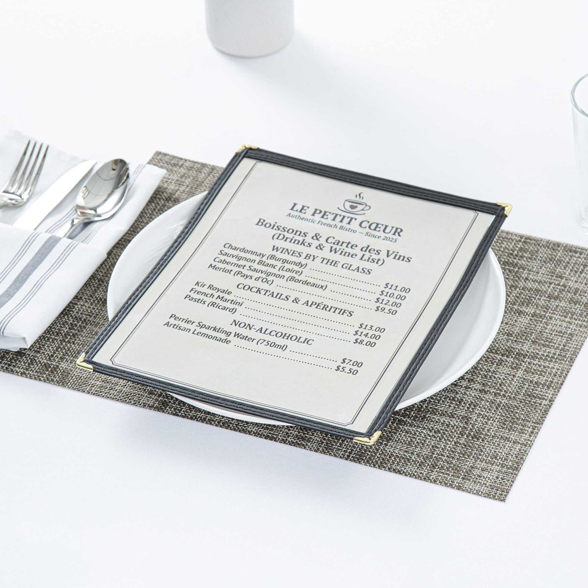Chef 101 Black Plastic 2-View Single Pocket Menu Cover - 8 1/2" x 11"- 12 count box