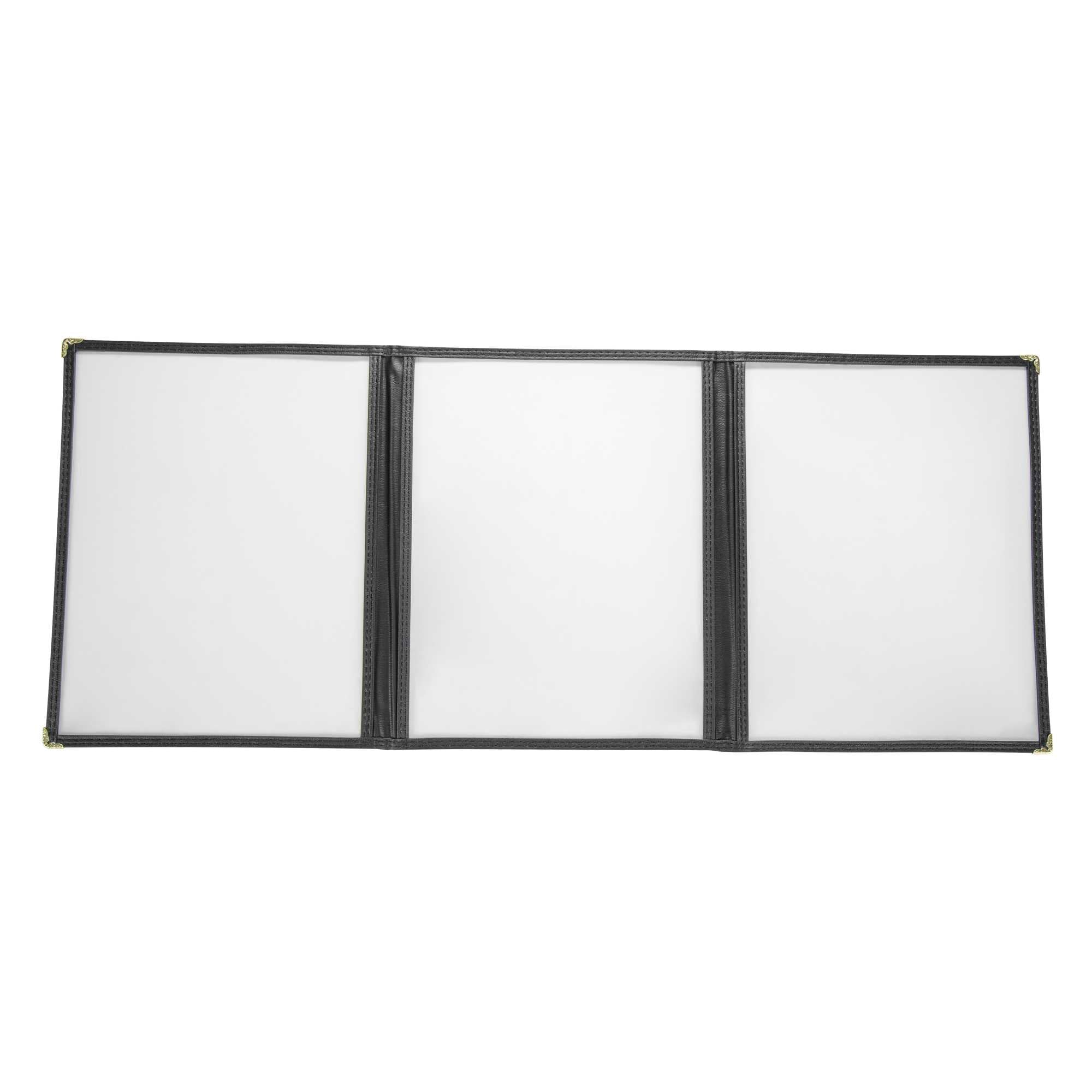 Chef 101 Black Plastic 6-View Trifold Three Pocket Menu Cover - 8 1/2" x 11"- 48 count box
