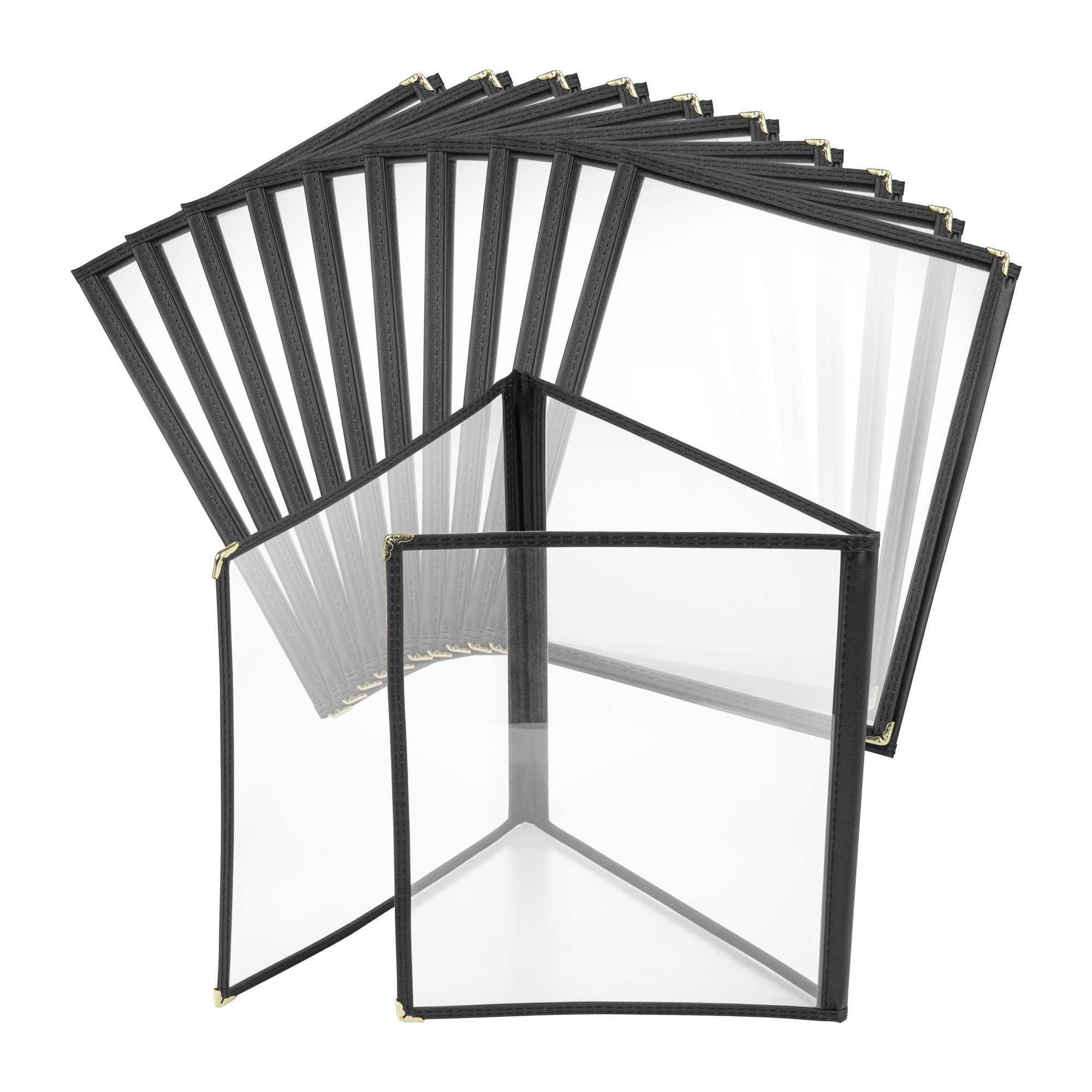 Chef 101 Black Plastic 6-View Trifold Three Pocket Menu Cover - 8 1/2" x 11"- 48 count box