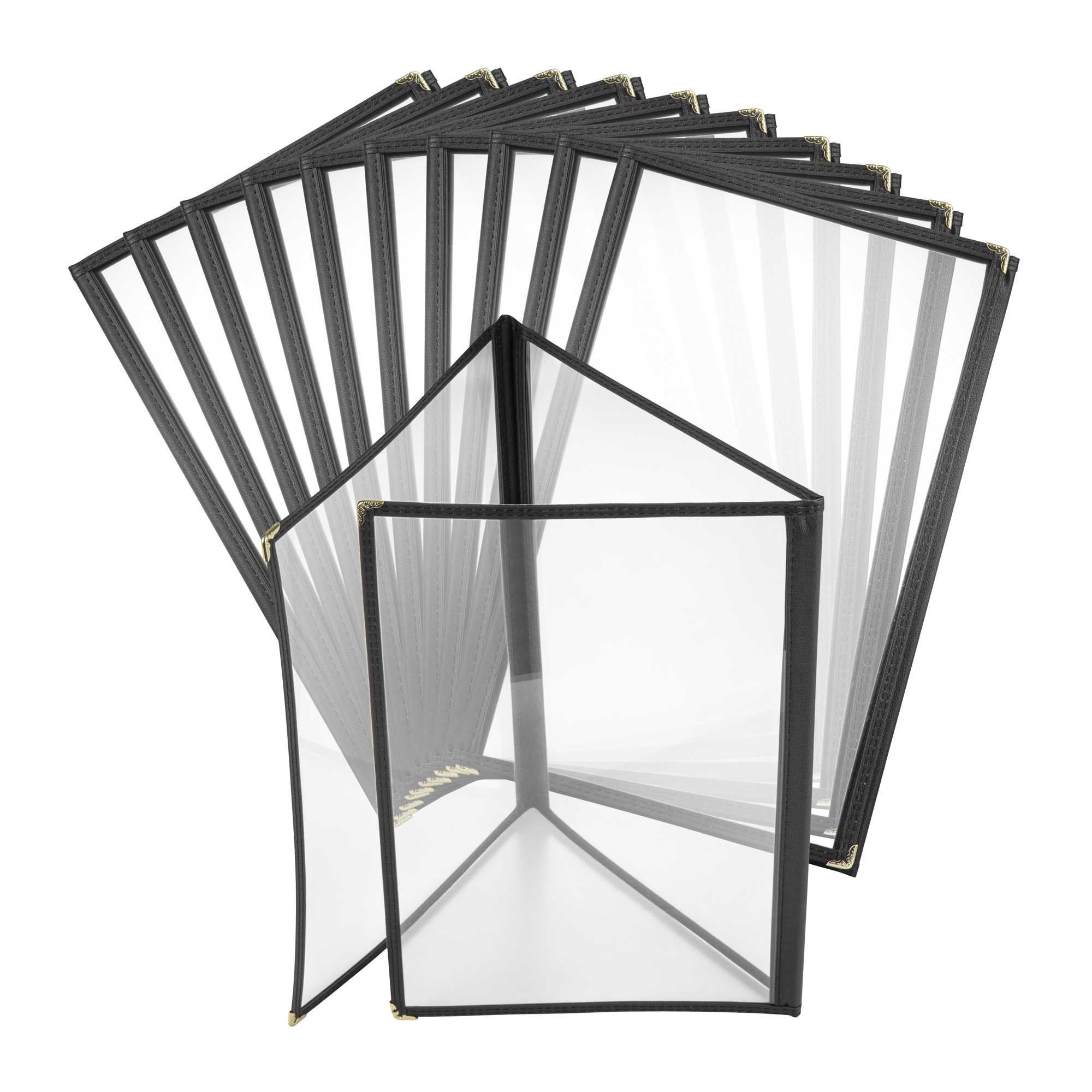 Chef 101 Black Plastic 6-View Trifold Three Pocket Menu Cover - 8 1/2" x 14" - 48 count box