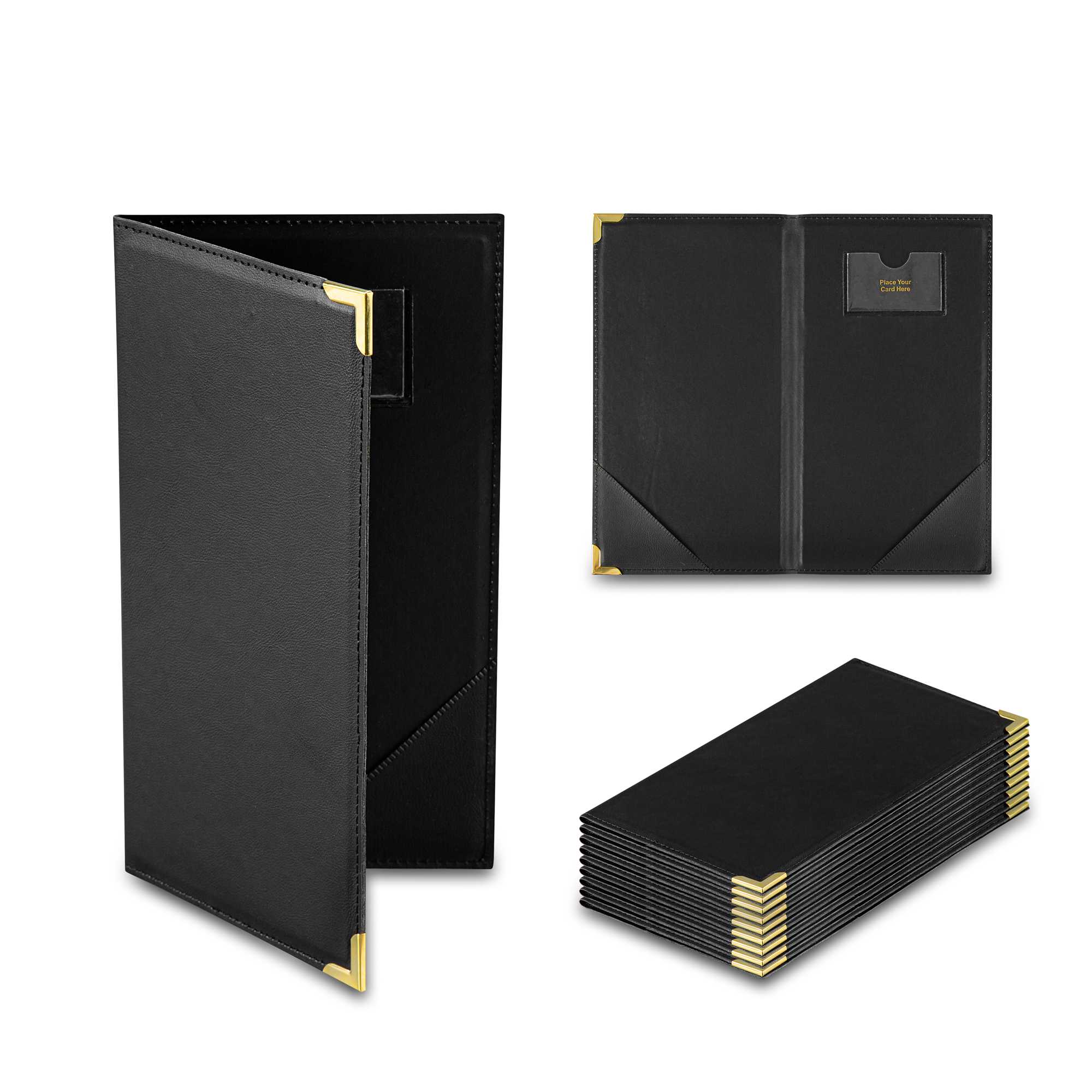 Chef 101 Black Vinyl Guest Check Presenter - with Gold Corners - 5" x 9" - 48 count box