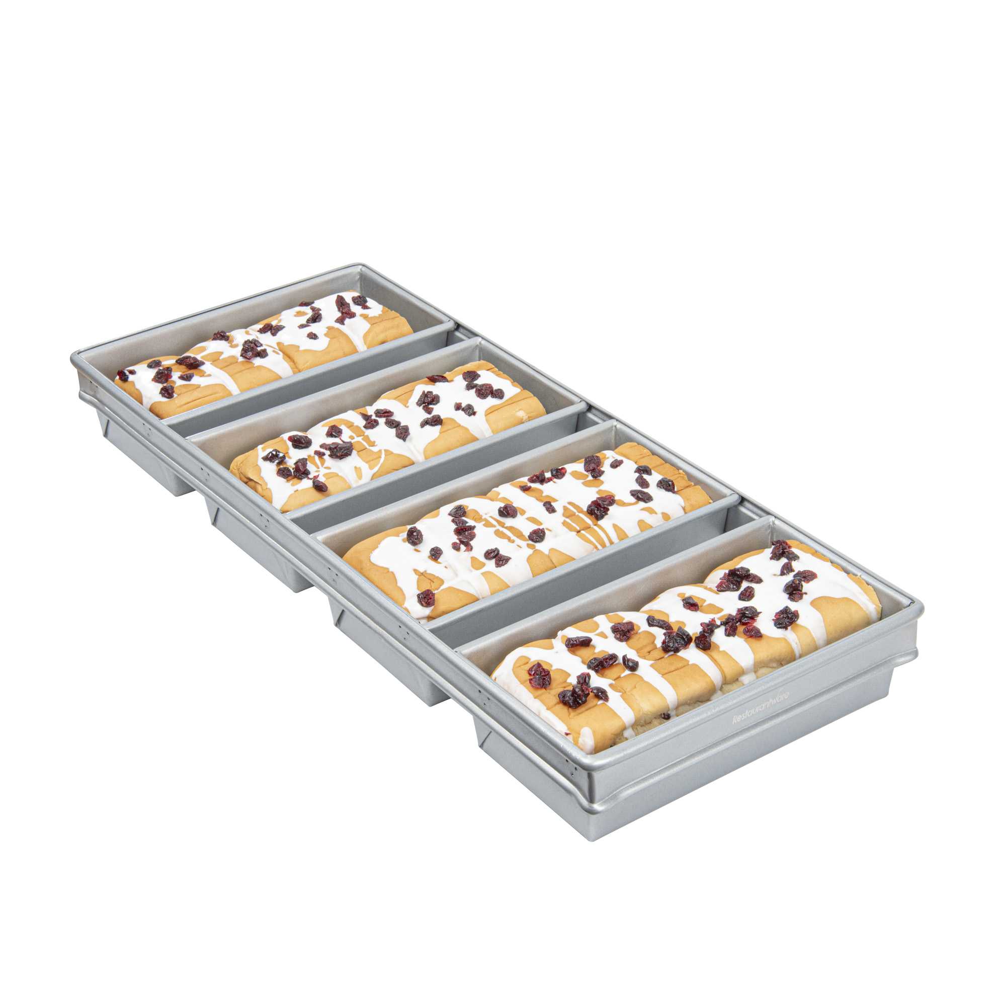 Pastry Tek 1.5 lb Glazed Aluminized Steel Bread Loaf Pan - 4 Strap - 25 3/4" x 10 3/4" x 3 1/4" - 6 count box