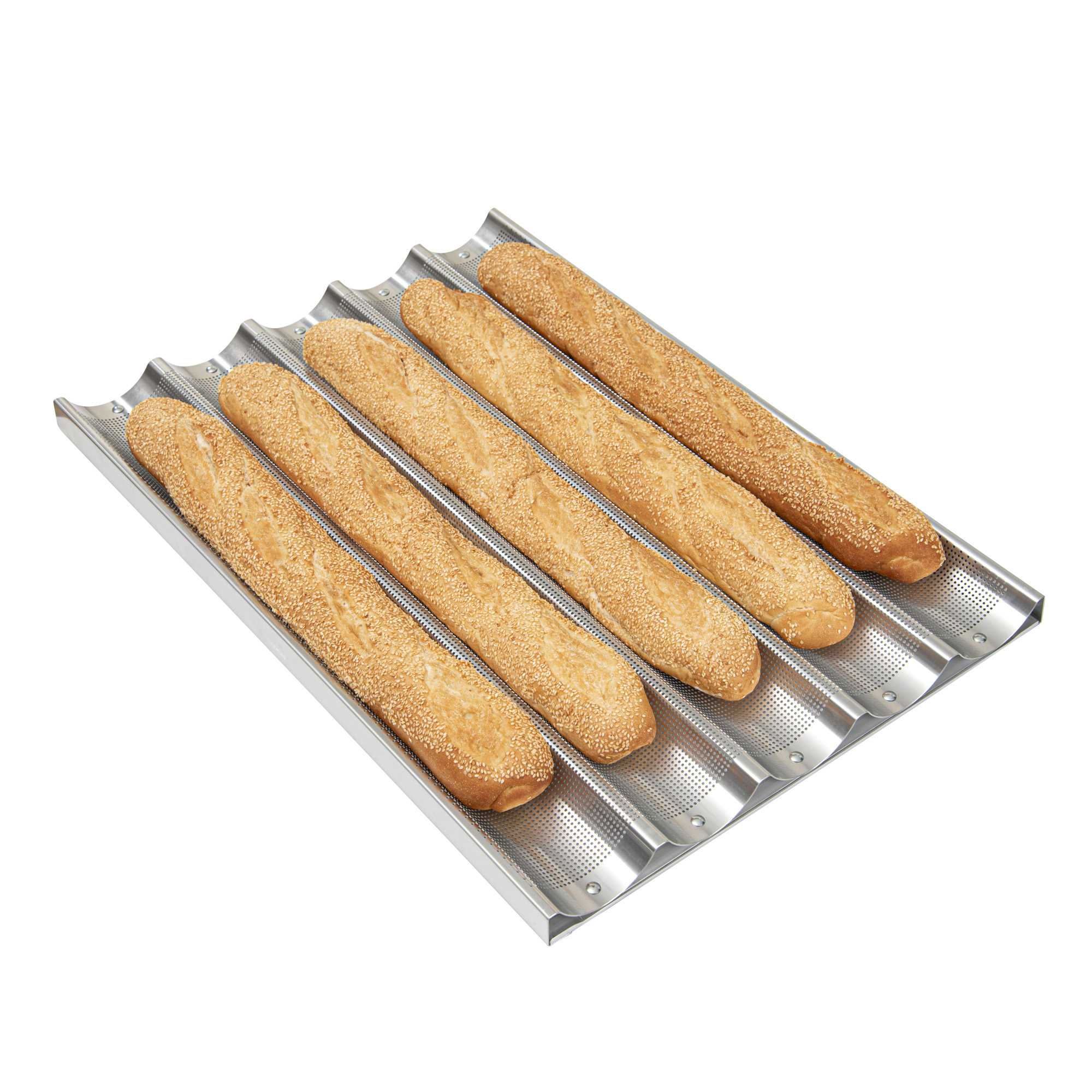 Pastry Tek Glazed Aluminum Baguette / French Bread Pan - 5 Loaf Compartments - 26" x 18" x 1 1/4" - 6 count box