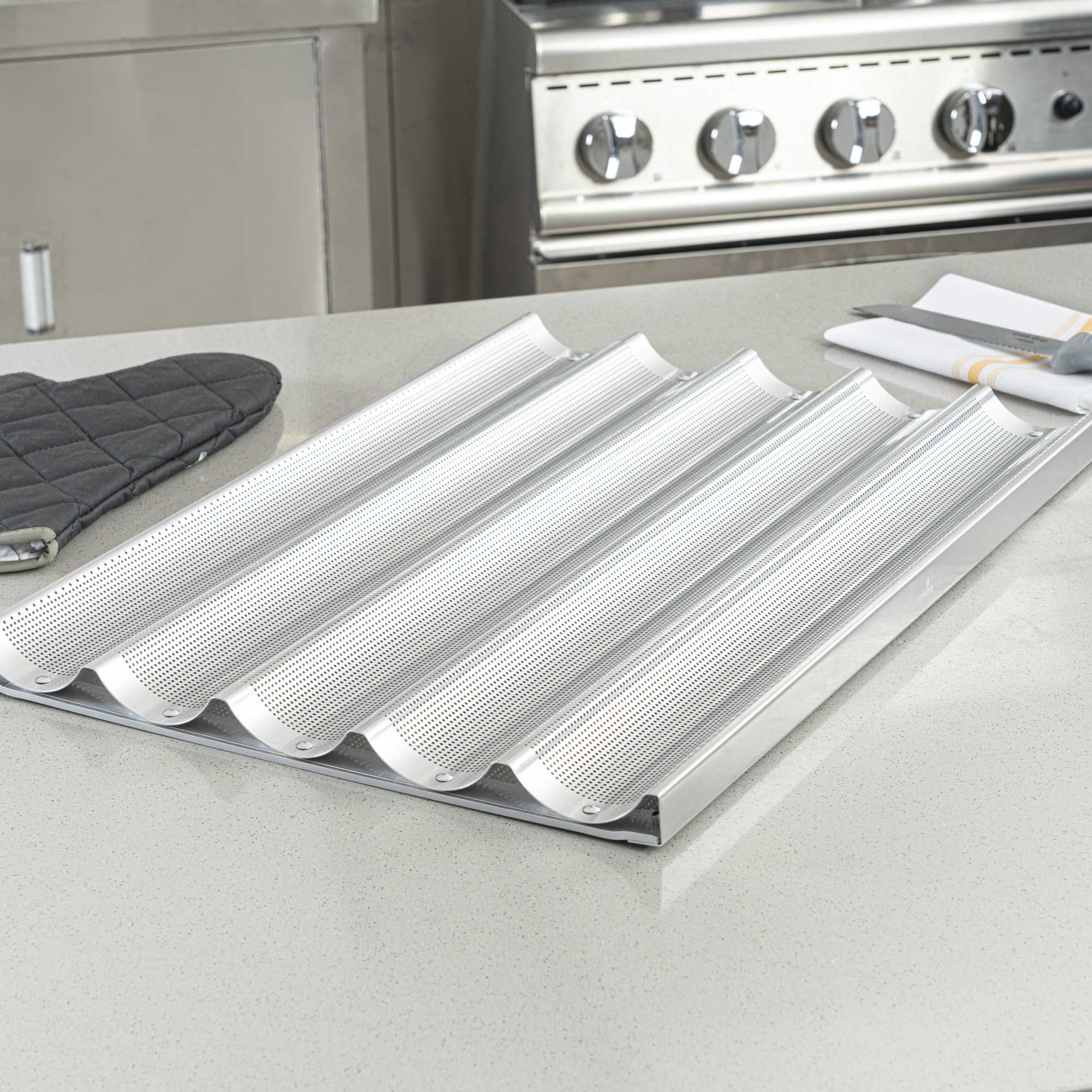 Pastry Tek Glazed Aluminum Baguette / French Bread Pan - 5 Loaf Compartments - 26" x 18" x 1 1/4" - 6 count box