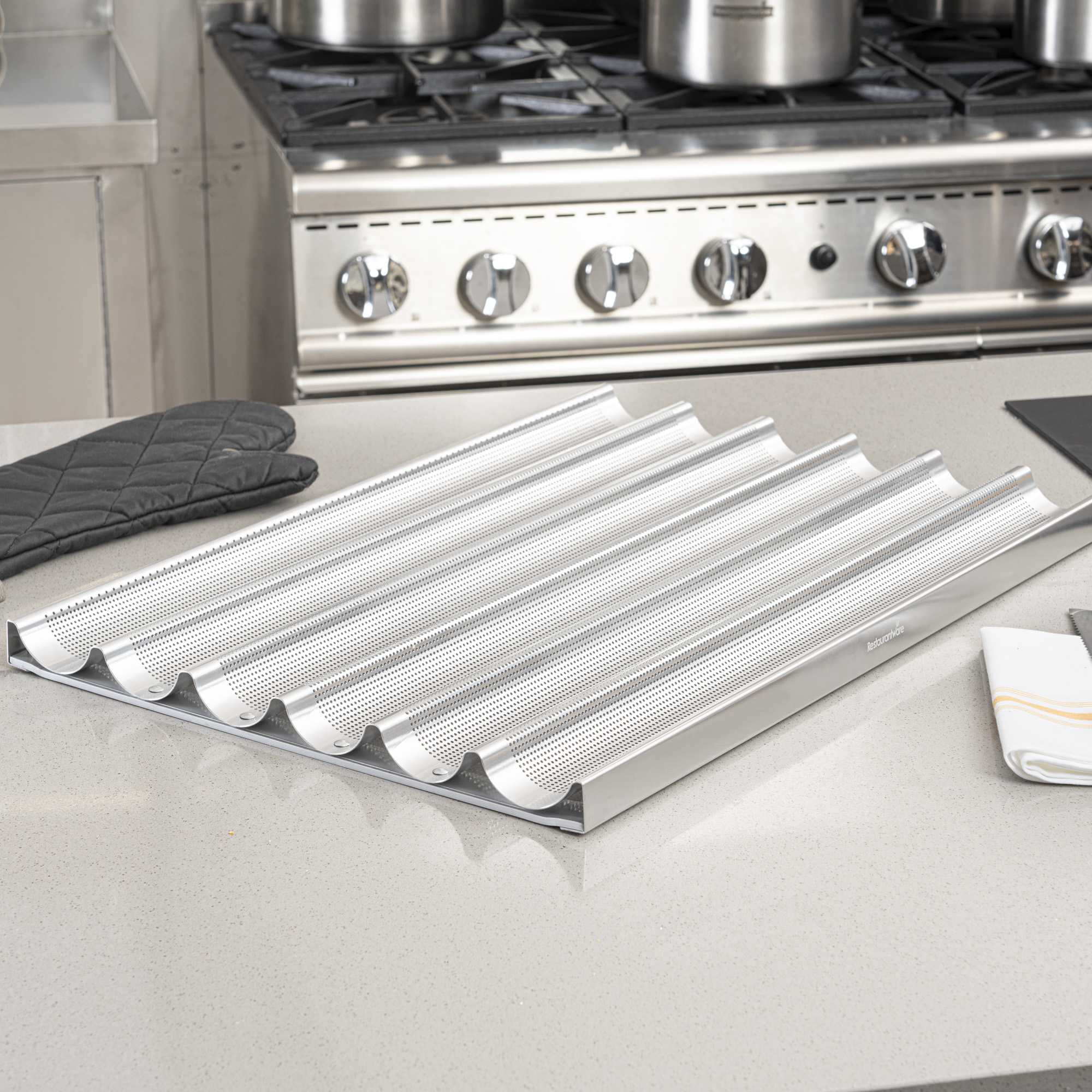 Pastry Tek Glazed Aluminum Baguette / French Bread Pan - 6 Loaf Compartments - 26" x 18" x 1 1/4" - 6 count box