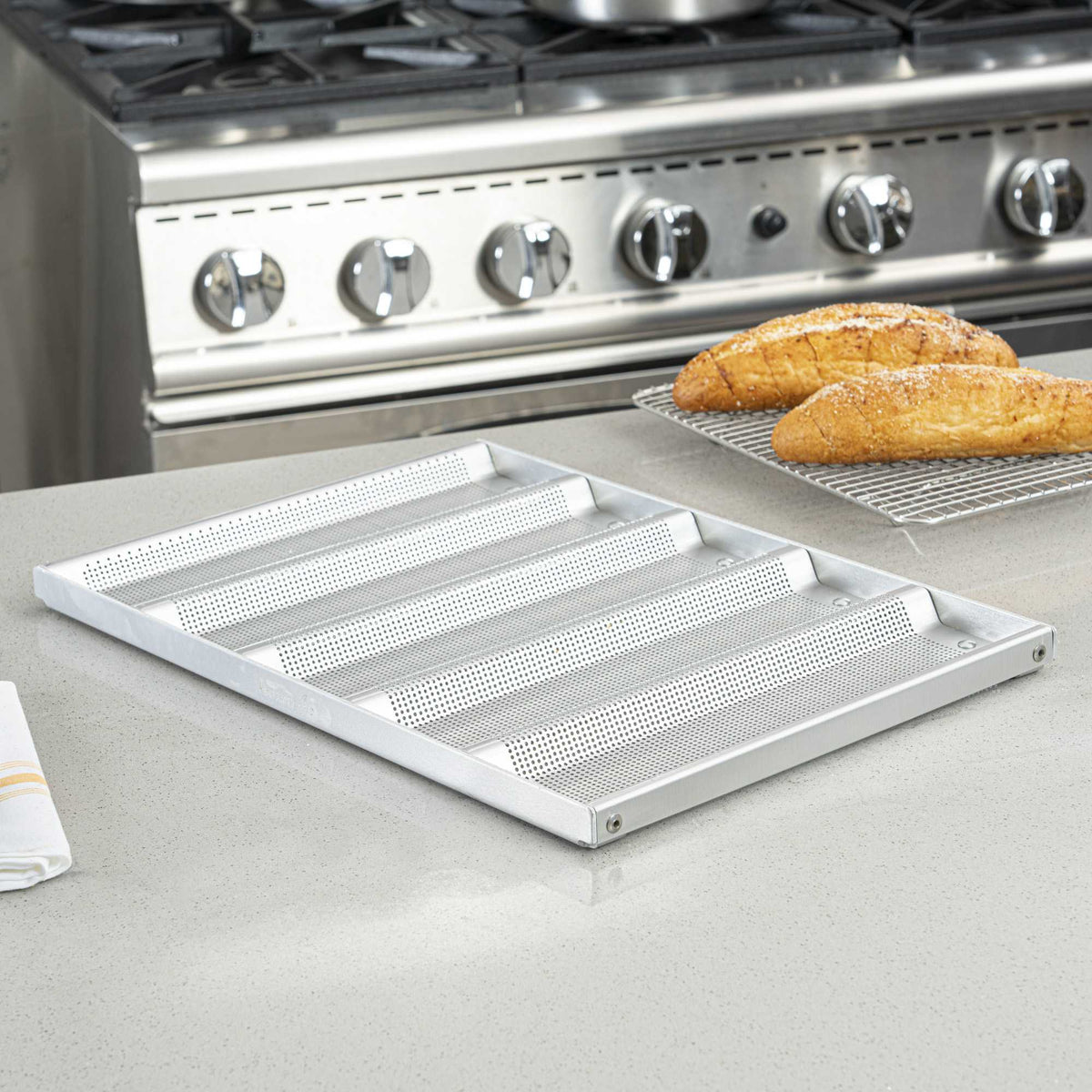 Pastry Tek Glazed Aluminum Sub Sandwich Roll Pan - 5 Molds - 18" x 12 3/4" - 1 count box
