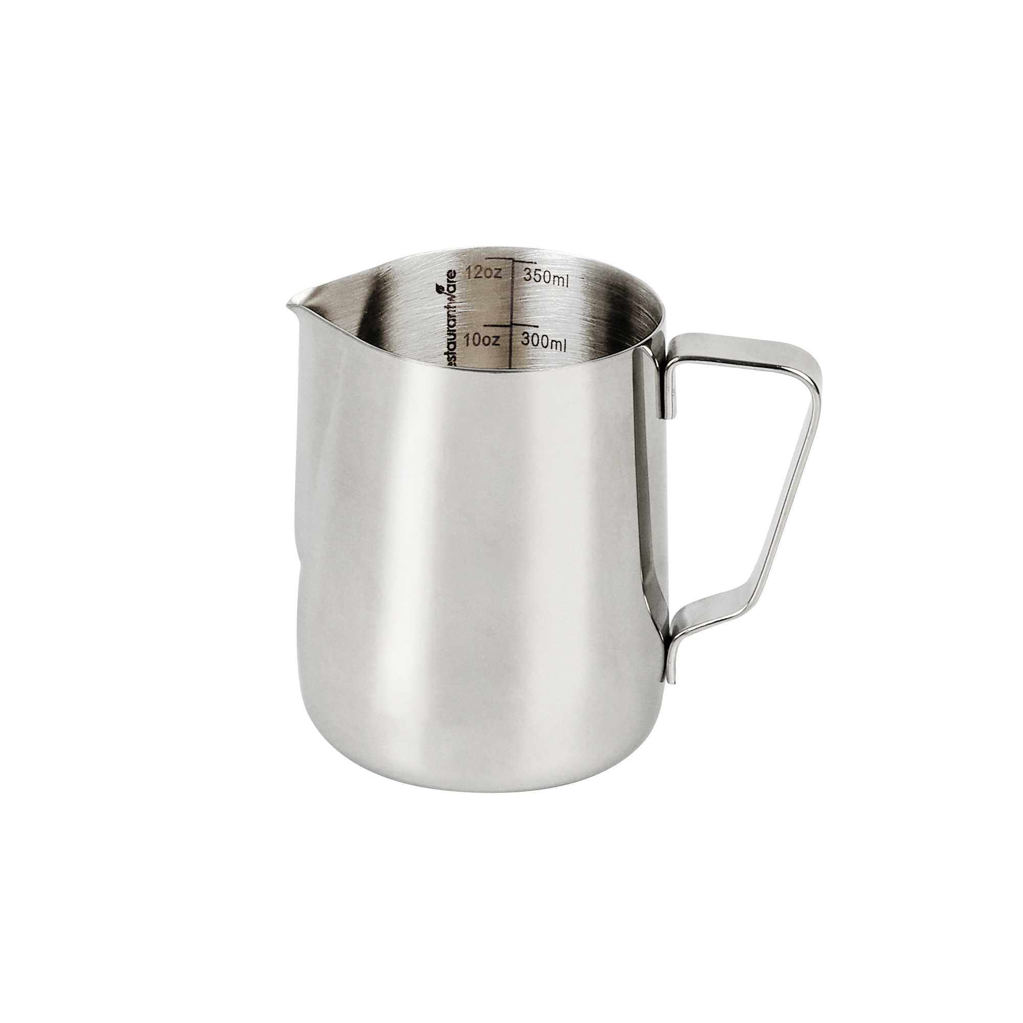 Restpresso 12 oz Silver Stainless Steel Frothing Pitcher - with Measuring Lines - 4 1/4" x 2 1/2" x 3 1/2" - 1 count box