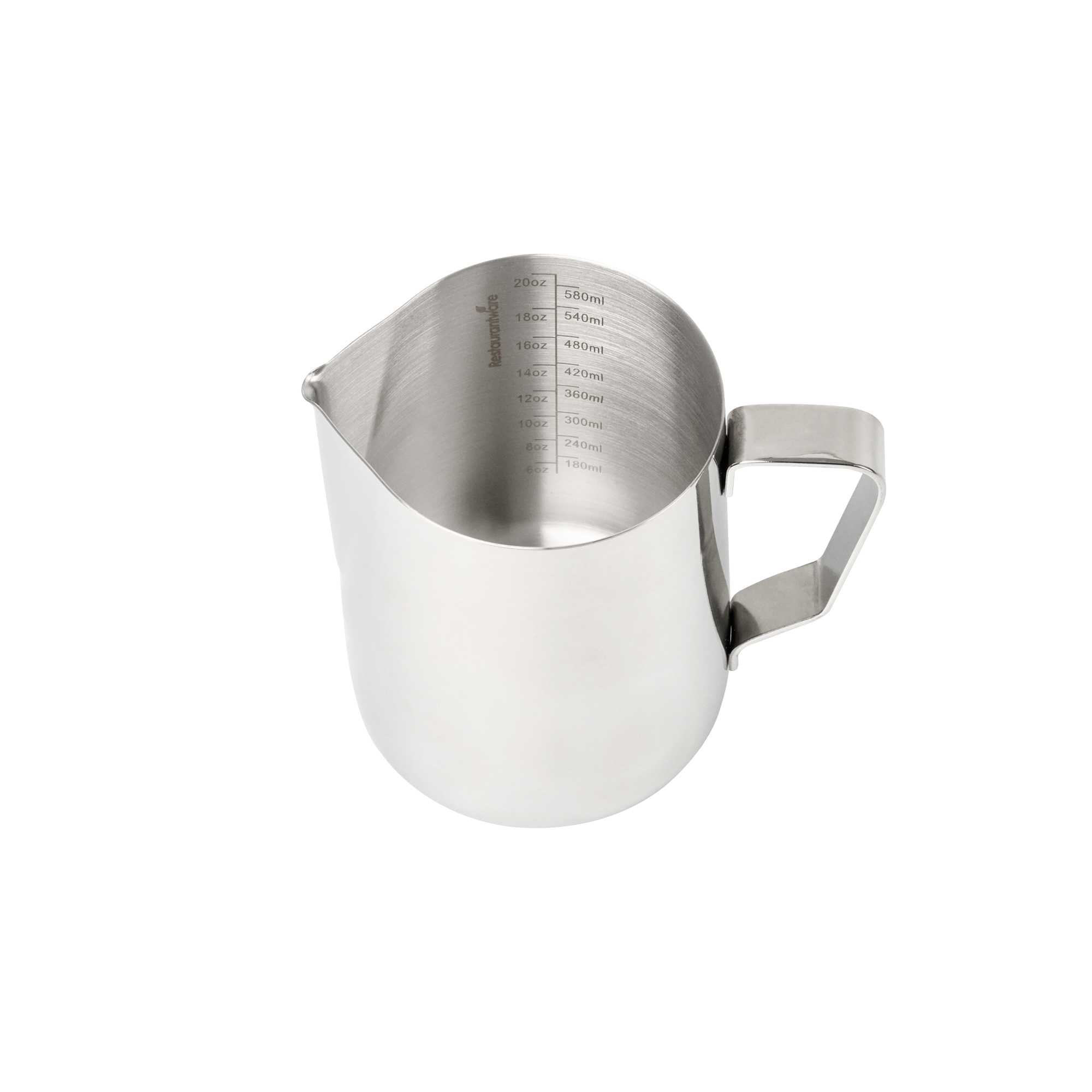 Restpresso 20 oz Silver Stainless Steel Frothing Pitcher - with Measuring Lines - 5" x 3 1/4" x 4 1/4" - 1 count box