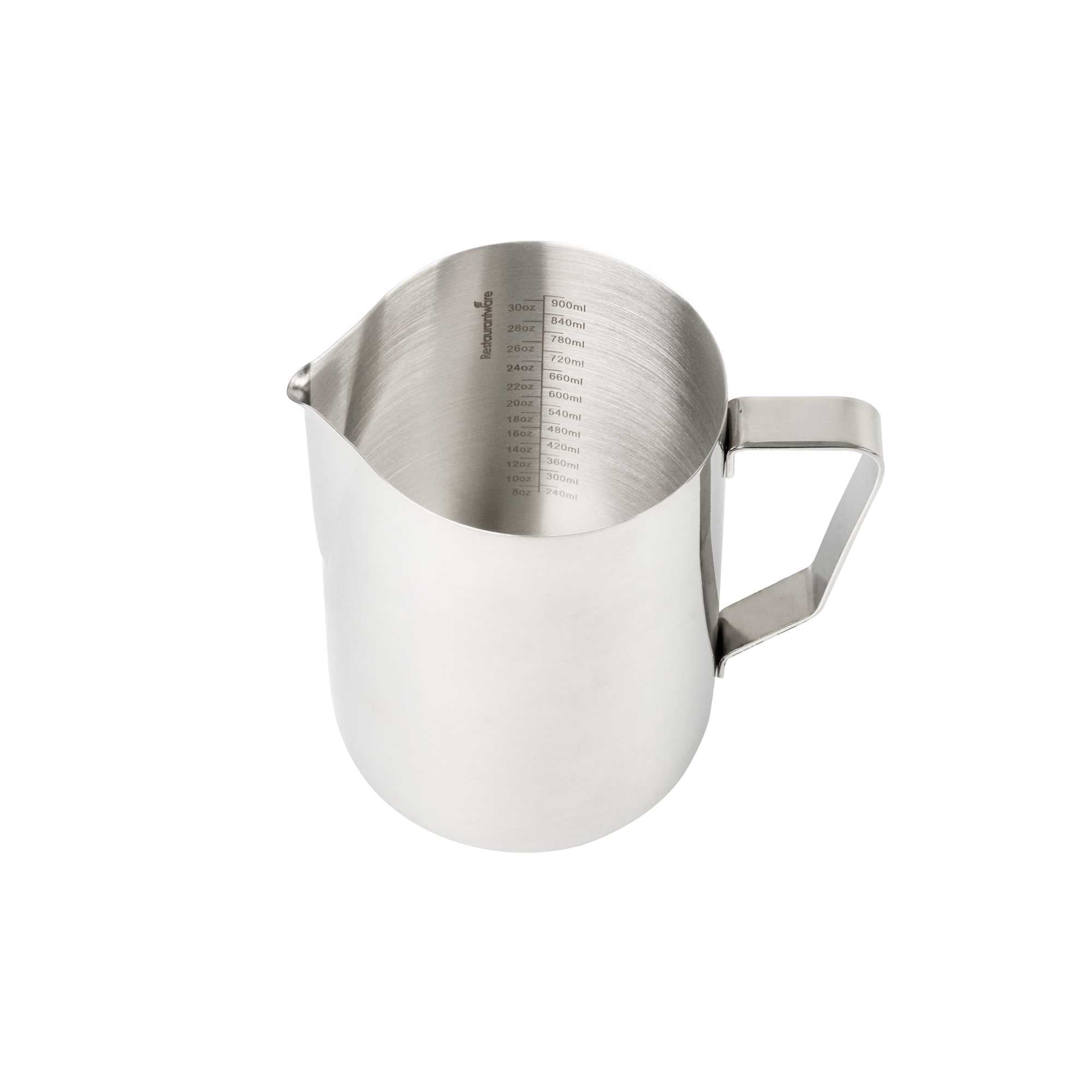 Restpresso 33 oz Silver Stainless Steel Frothing Pitcher - with Measuring Lines - 6" x 3 1/2" x 5 1/2" - 1 count box