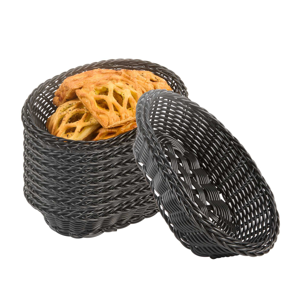 Chef 101 Oval Black Woven Plastic Rattan Basket - 9" x 6" x 2 1/4"- 12 count box