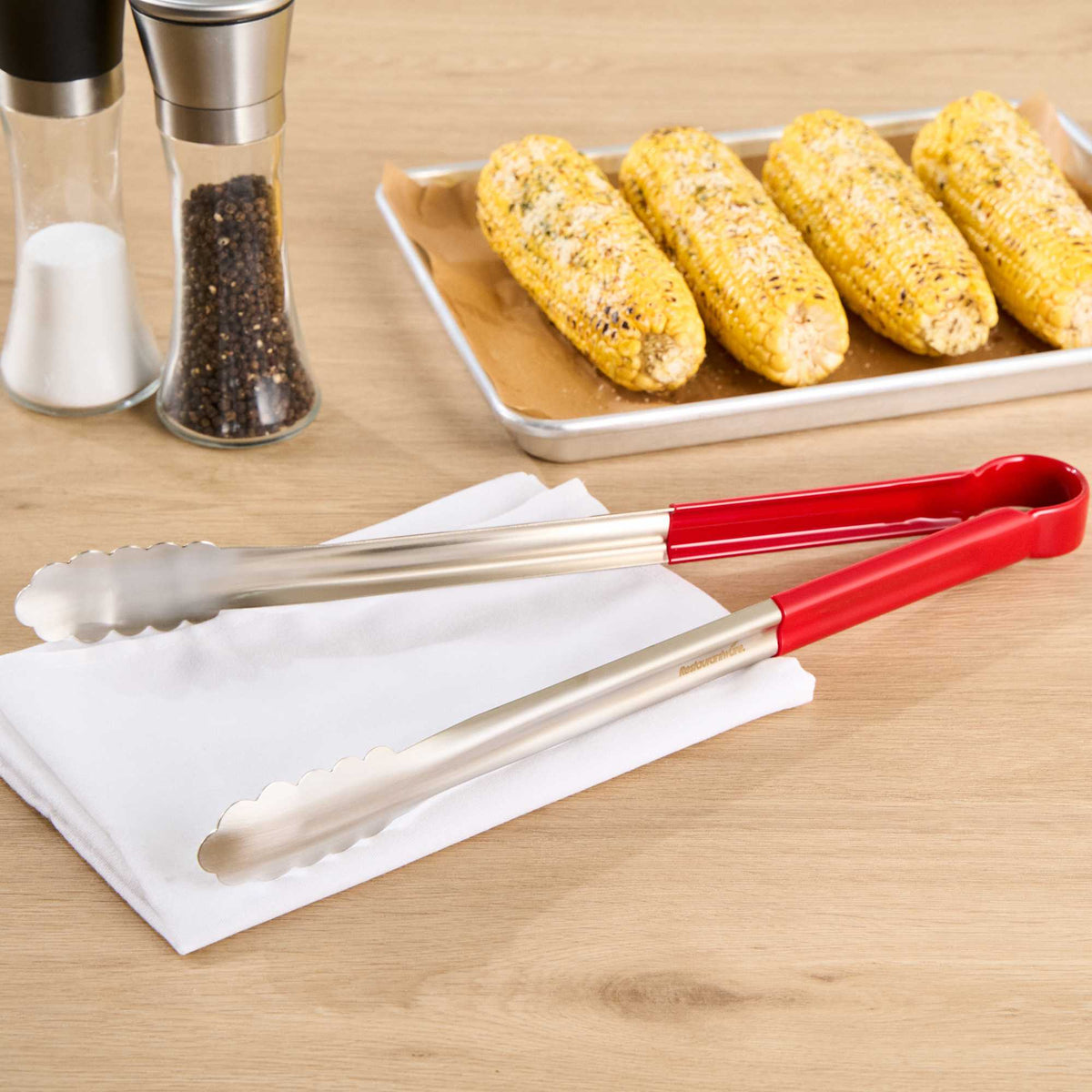 Met Lux Stainless Steel Tongs - Scalloped, Red Coated Handle - 16" x 1 1/2" x 1 1/2" - 1 count box