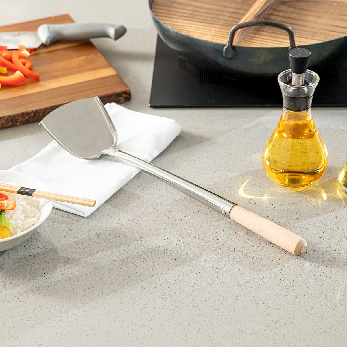 Motomori Stainless Steel Small Wok Spatula - with 12 3/4" Wood Handle - 12 3/4" x 4" x 1 1/2" - 1 count box