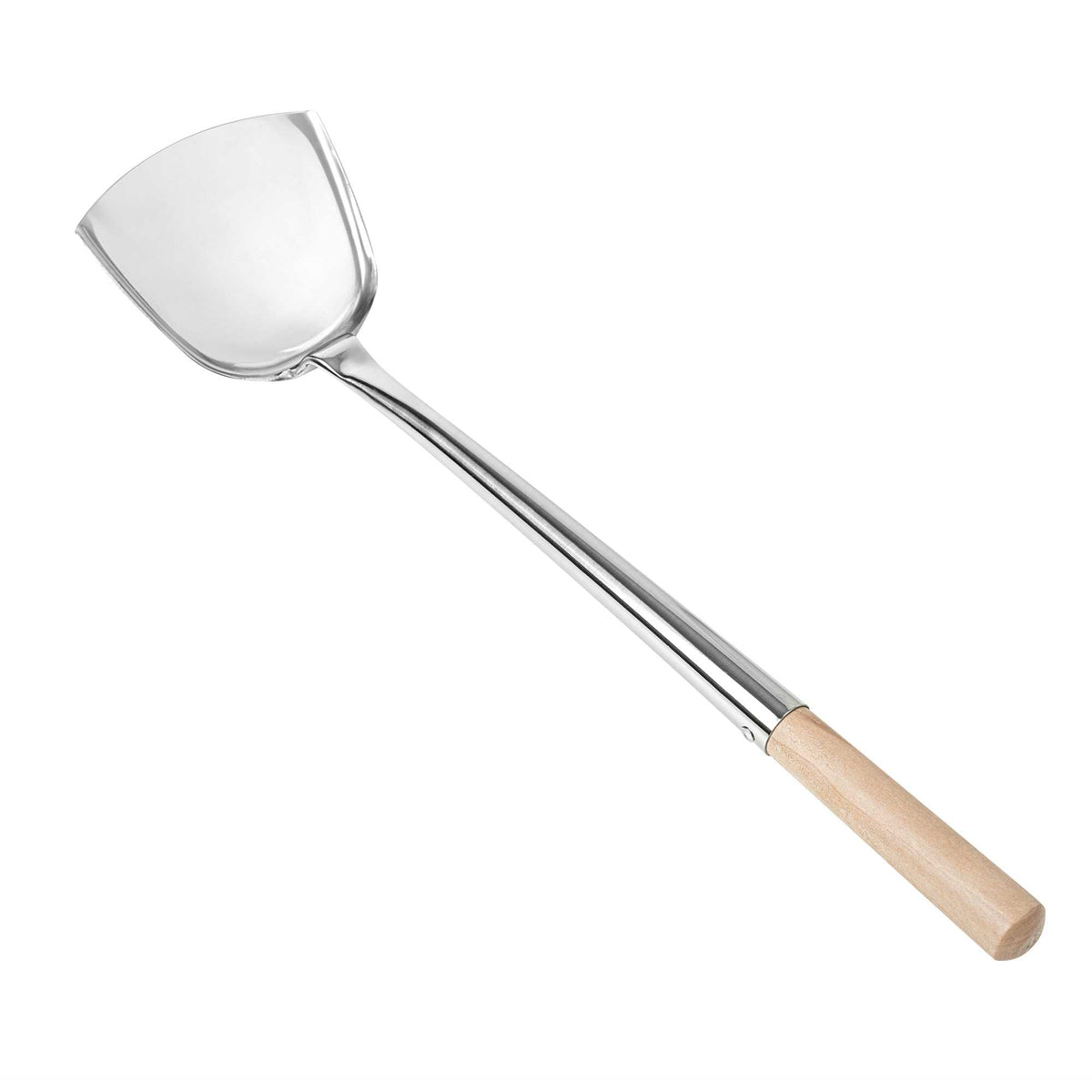 Motomori Stainless Steel Medium Wok Spatula - with 13 1/2" Wood Handle - 17 1/4" x 4 1/4" x 1 3/4" - 1 count box