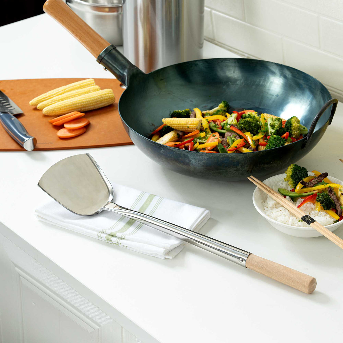 Motomori Stainless Steel Large Wok Spatula - with 14" Wood Handle - 18 1/4" x 4 3/4" x 2" - 1 count box