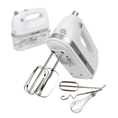Kitchen Tek White 5-Speed Plastic Electric Hand Mixer - with Beaters, Dough Hooks, Whisk, Snap-on Case - 7 3/4