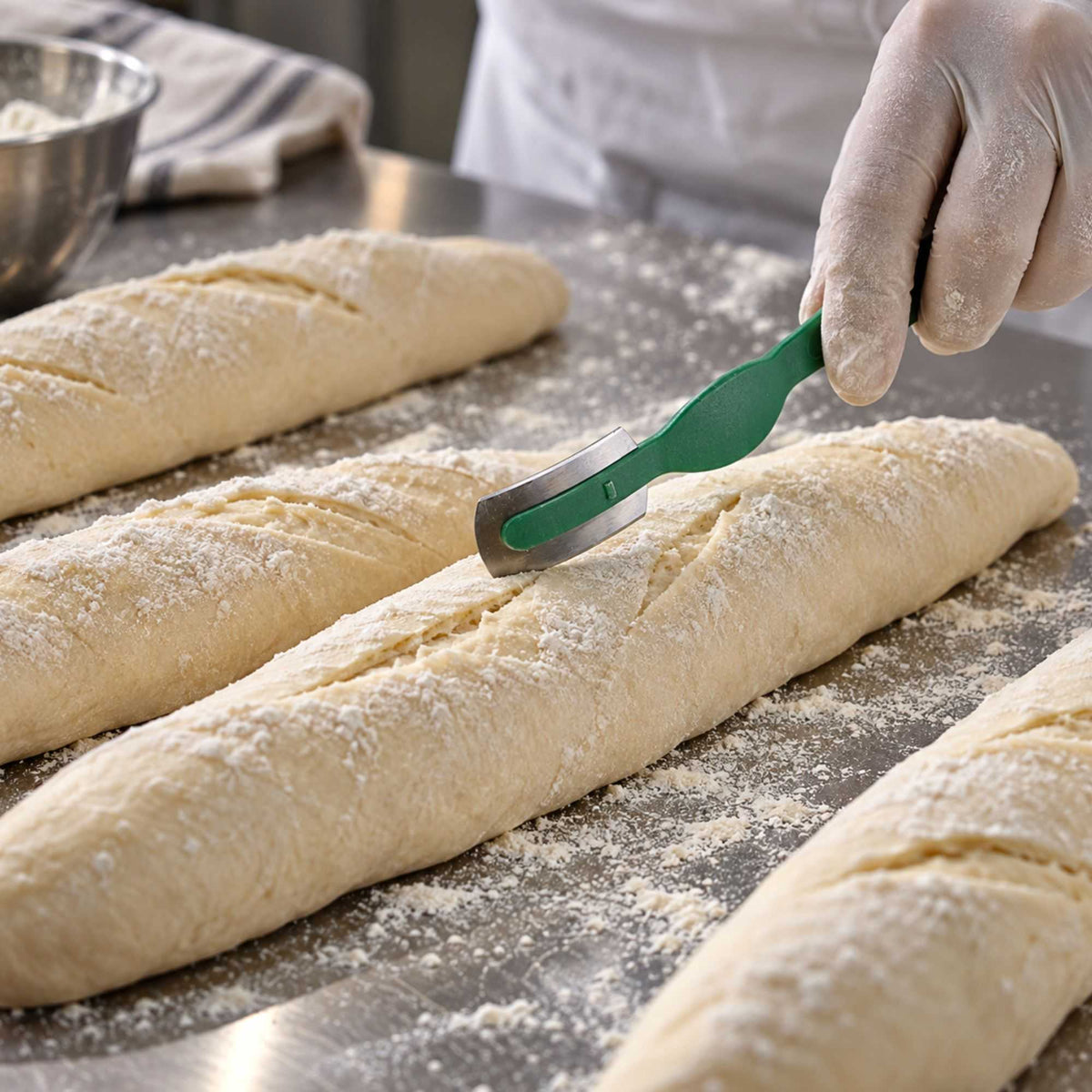Pastry Tek Green Stainless Steel Double Edge Bread Lame / Dough Scorer - with Cover - 6" x 1" - 400 count box